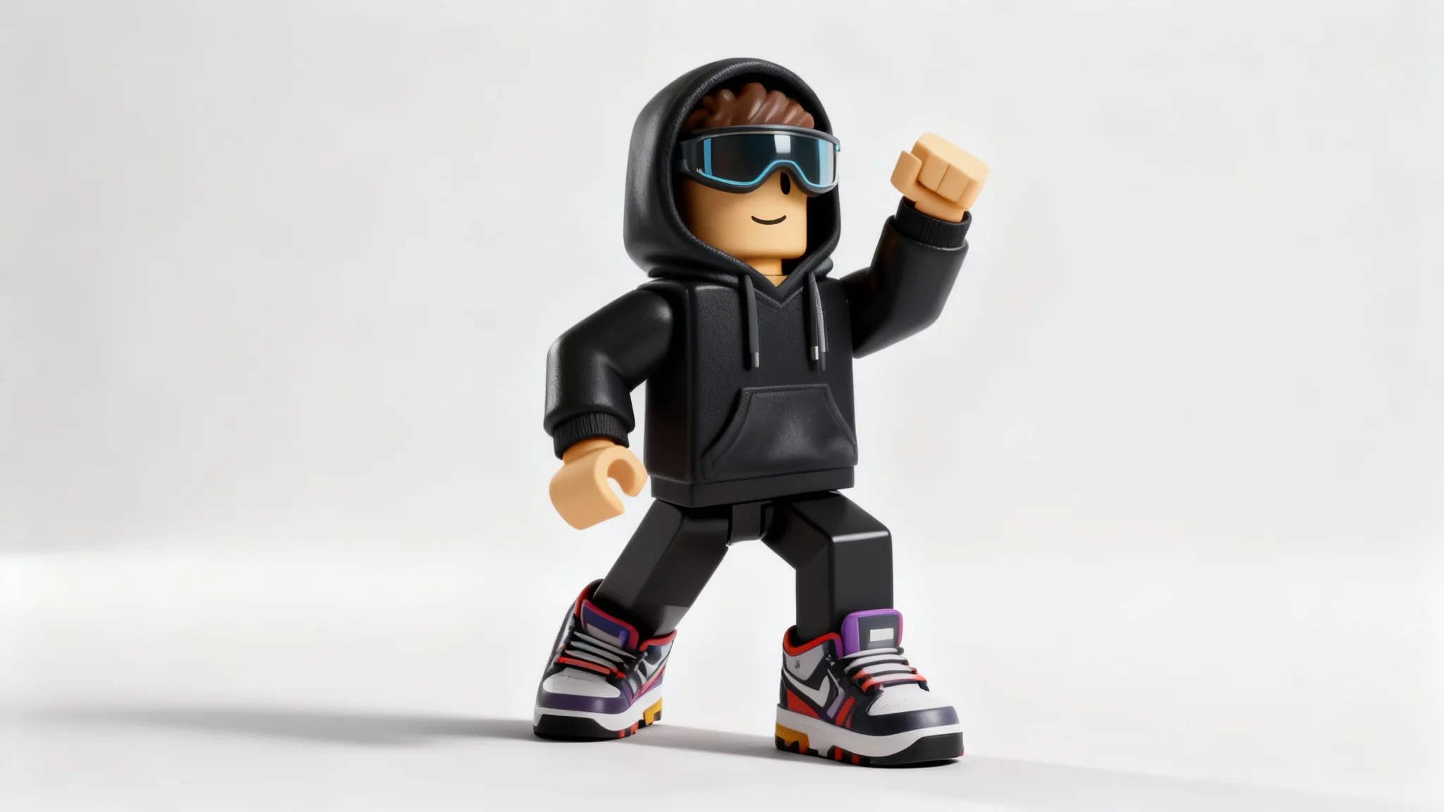 A polished, high-quality 3D render of a finished Roblox character in a dynamic pose, set against a clean studio background, showcasing the final result of the character editor.