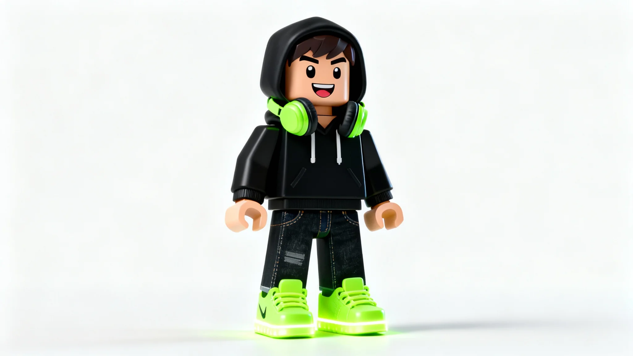 A 3D rendered Roblox character wearing a black hoodie and neon green sneakers, posing confidently against a plain white background.