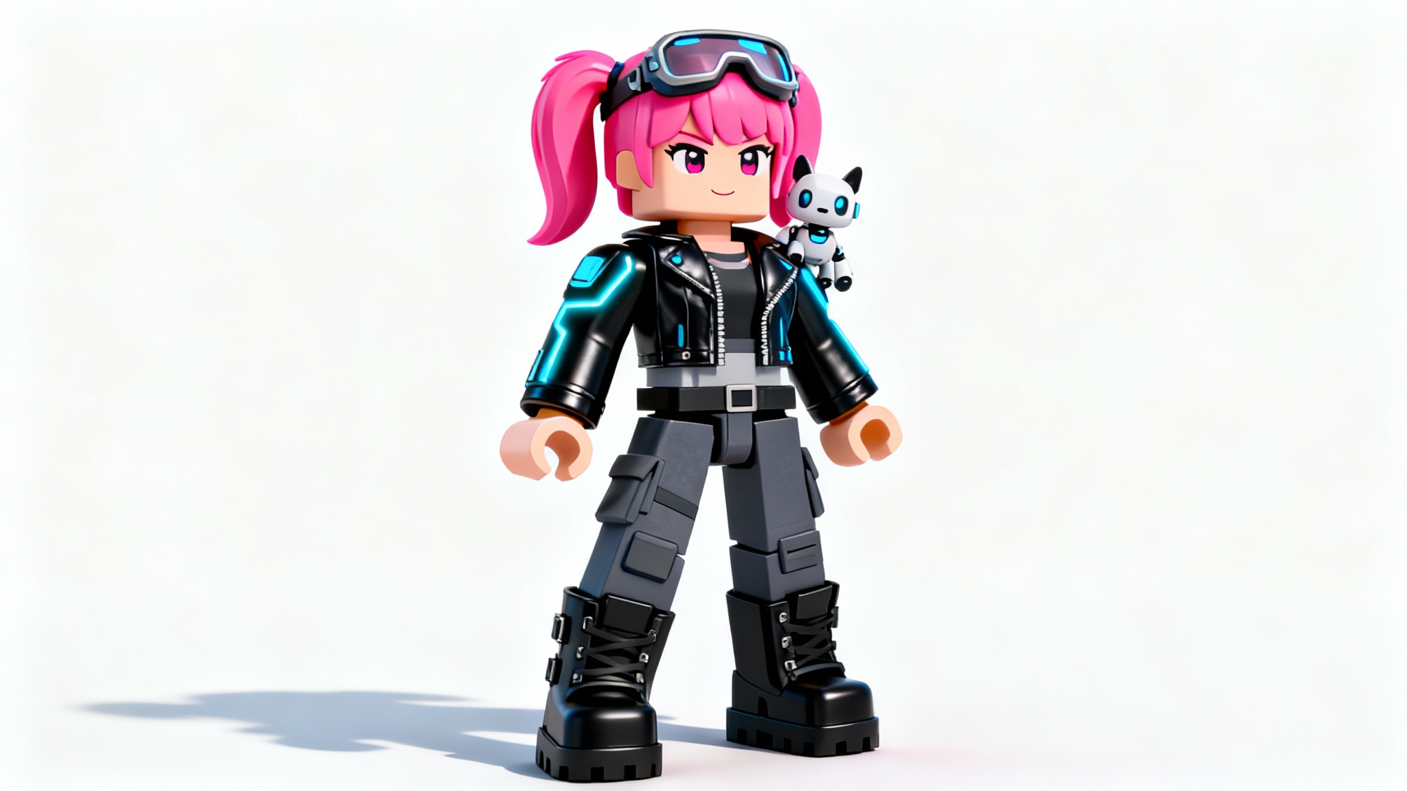 A 3D render of a female Roblox character with pink hair and a cyberpunk outfit, standing on a clean white background.