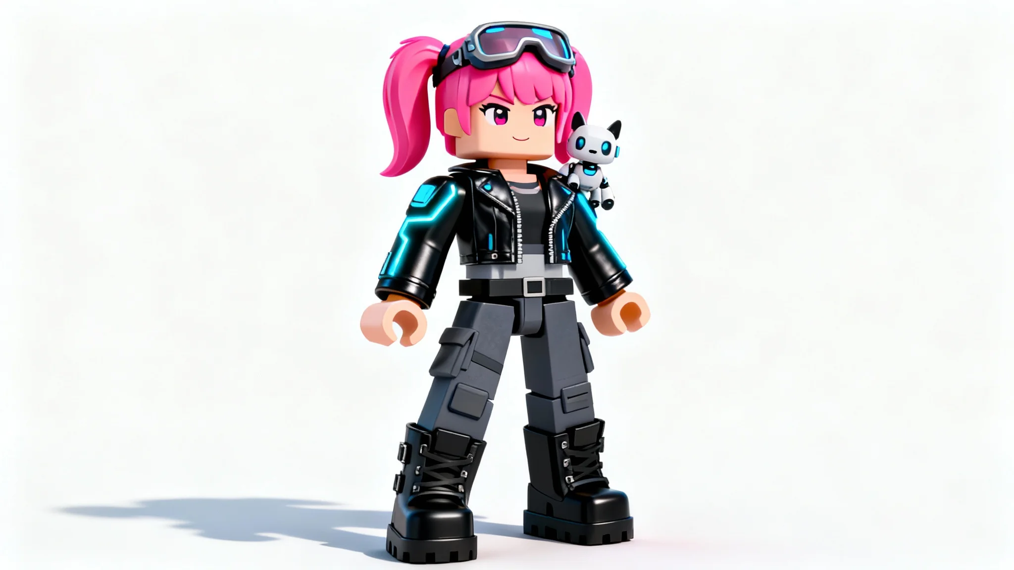 A 3D render of a female Roblox character with pink hair and a cyberpunk outfit, standing on a clean white background.