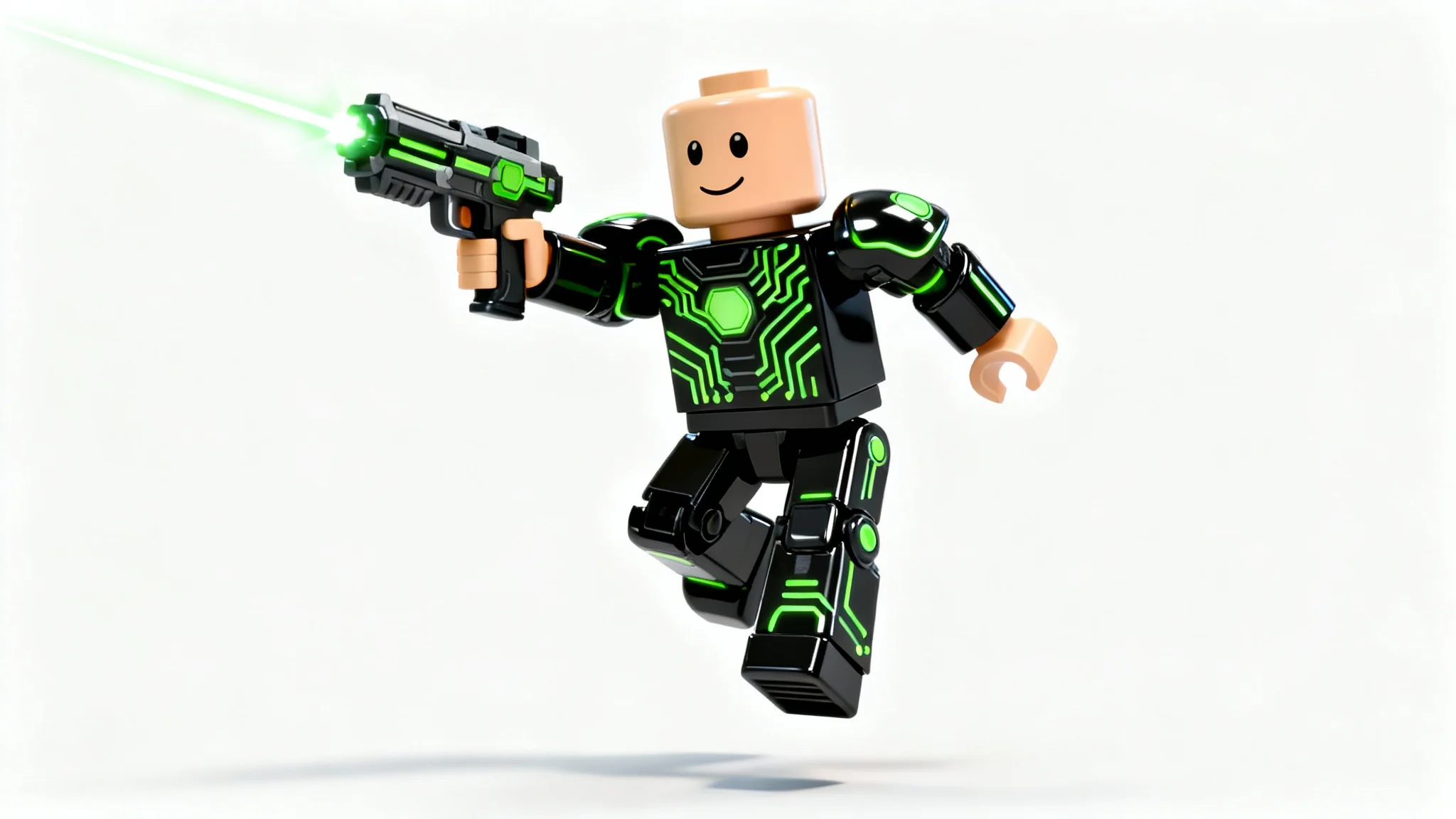 A 3D render of a Roblox character in a dynamic pose. The character is wearing futuristic black and green armor and is set against a plain white background, giving it a clean, mockup appearance.