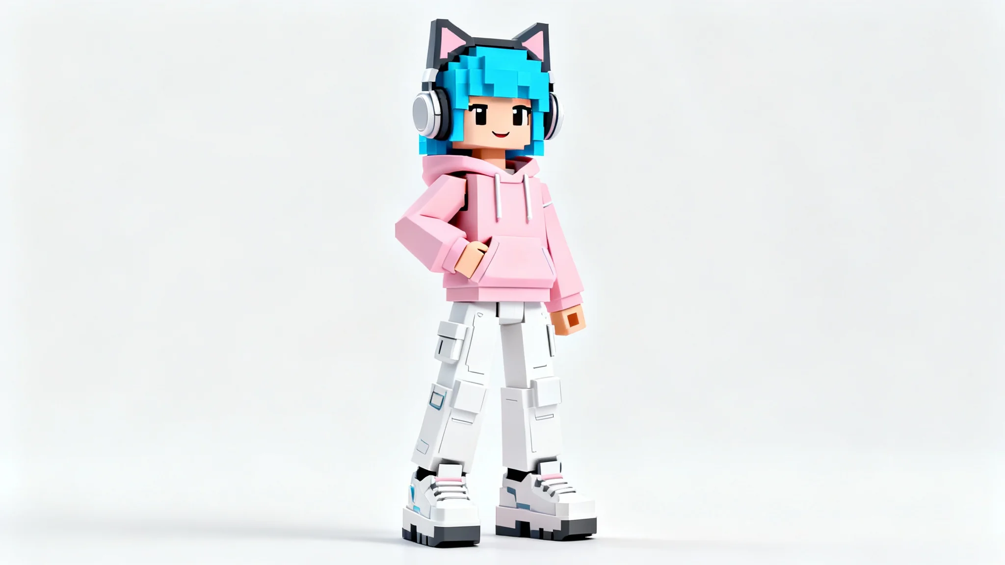 A full-body 3D rendering of a female Roblox character wearing a pink hoodie, white pants, and blue cat-ear headphones, standing against a white background.