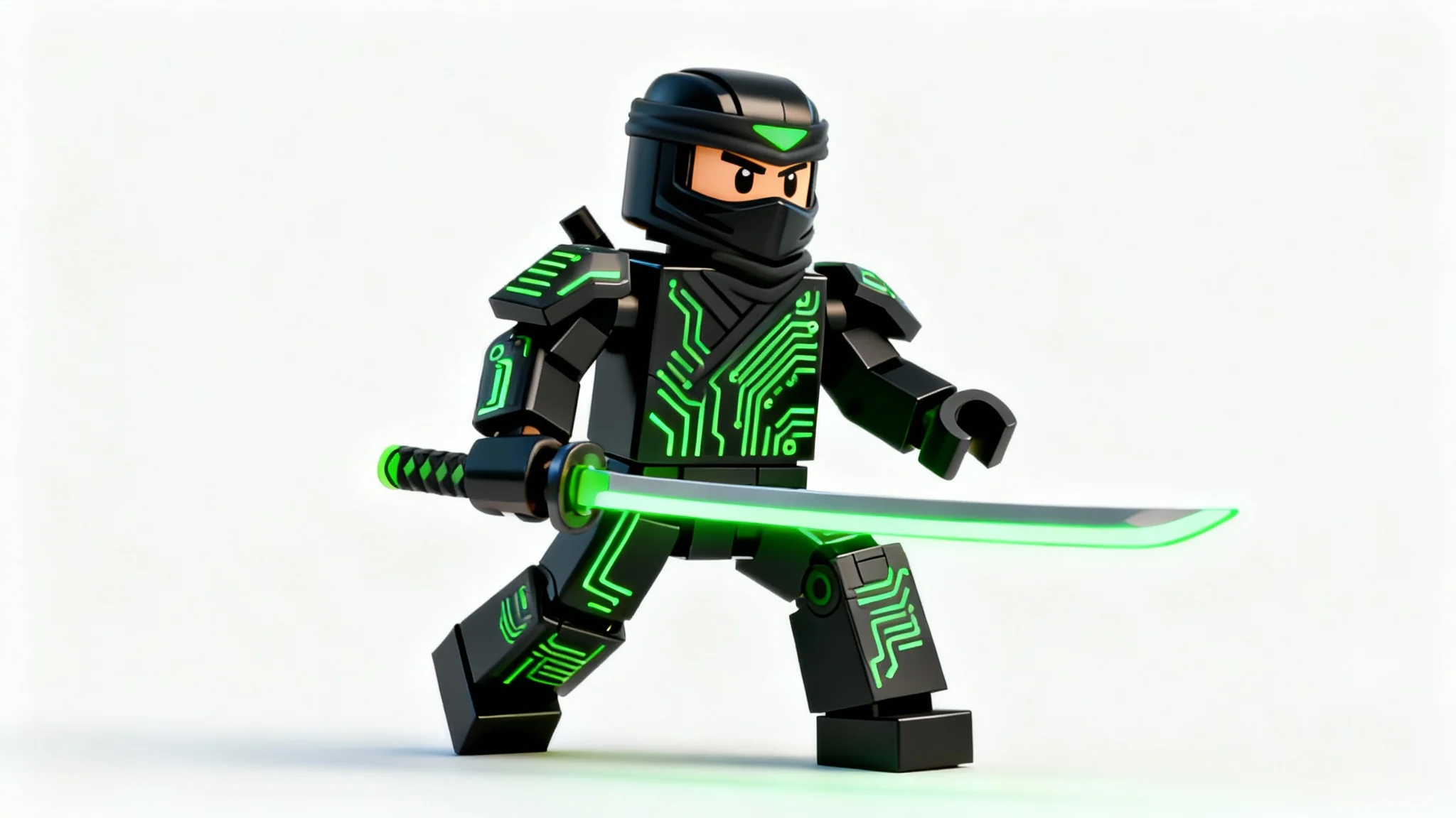 A 3D render of a Roblox-style character designed as a cyber-ninja with a glowing sword, posing against a white background.