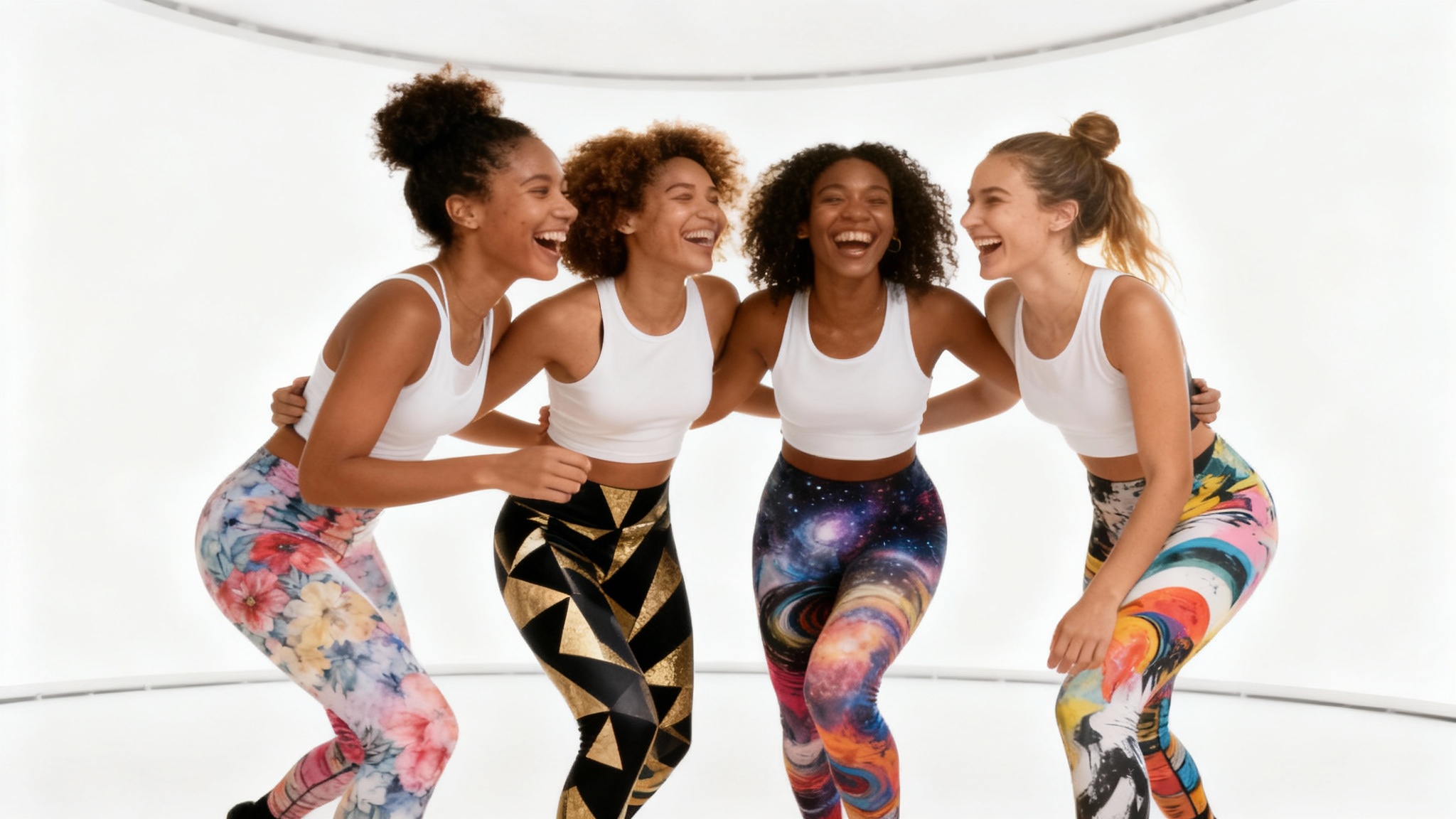 A professional product mockup image of four diverse models wearing leggings with different vibrant custom prints in a clean, white photo studio.