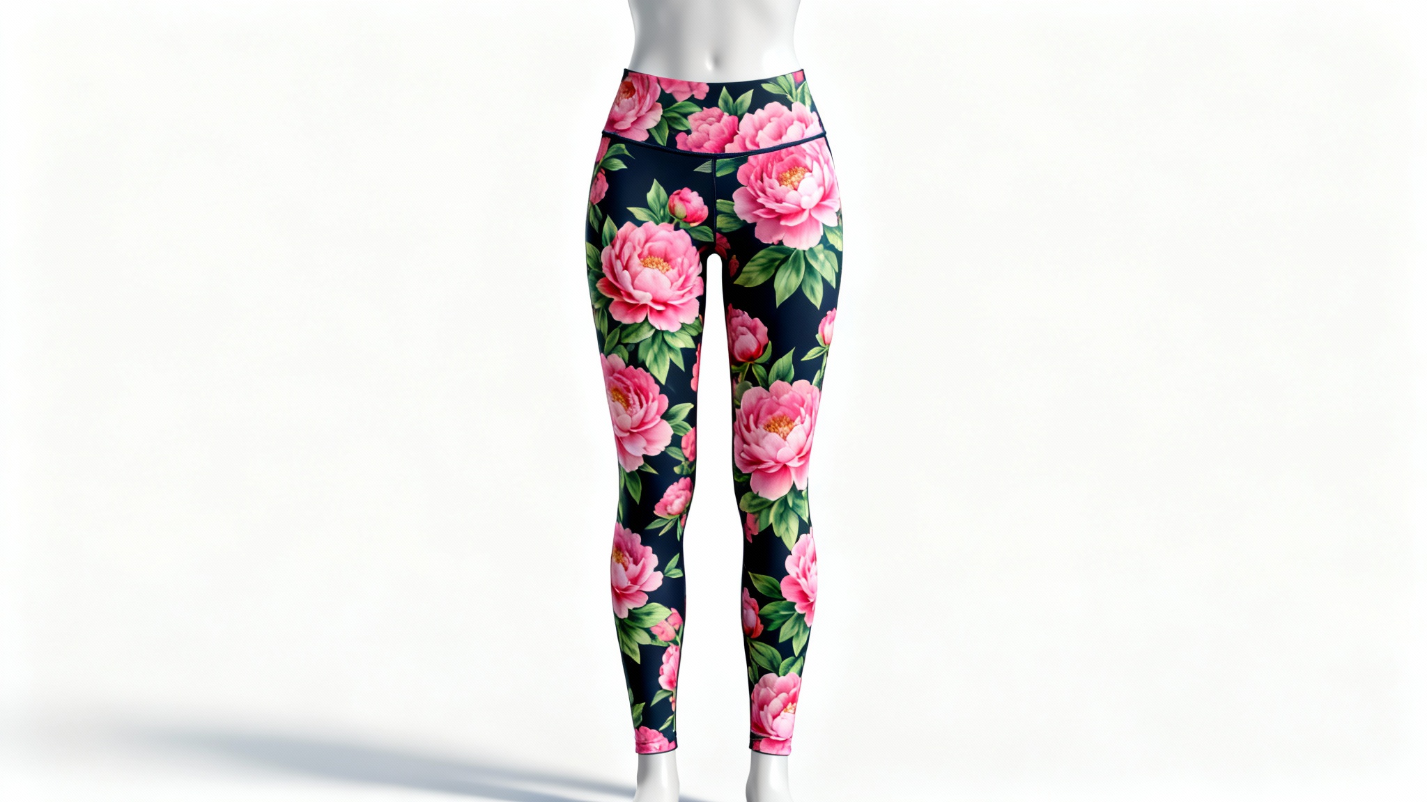A photorealistic mockup of a pair of women's high-waisted leggings with a vibrant pink peony floral pattern, displayed against a clean white background.