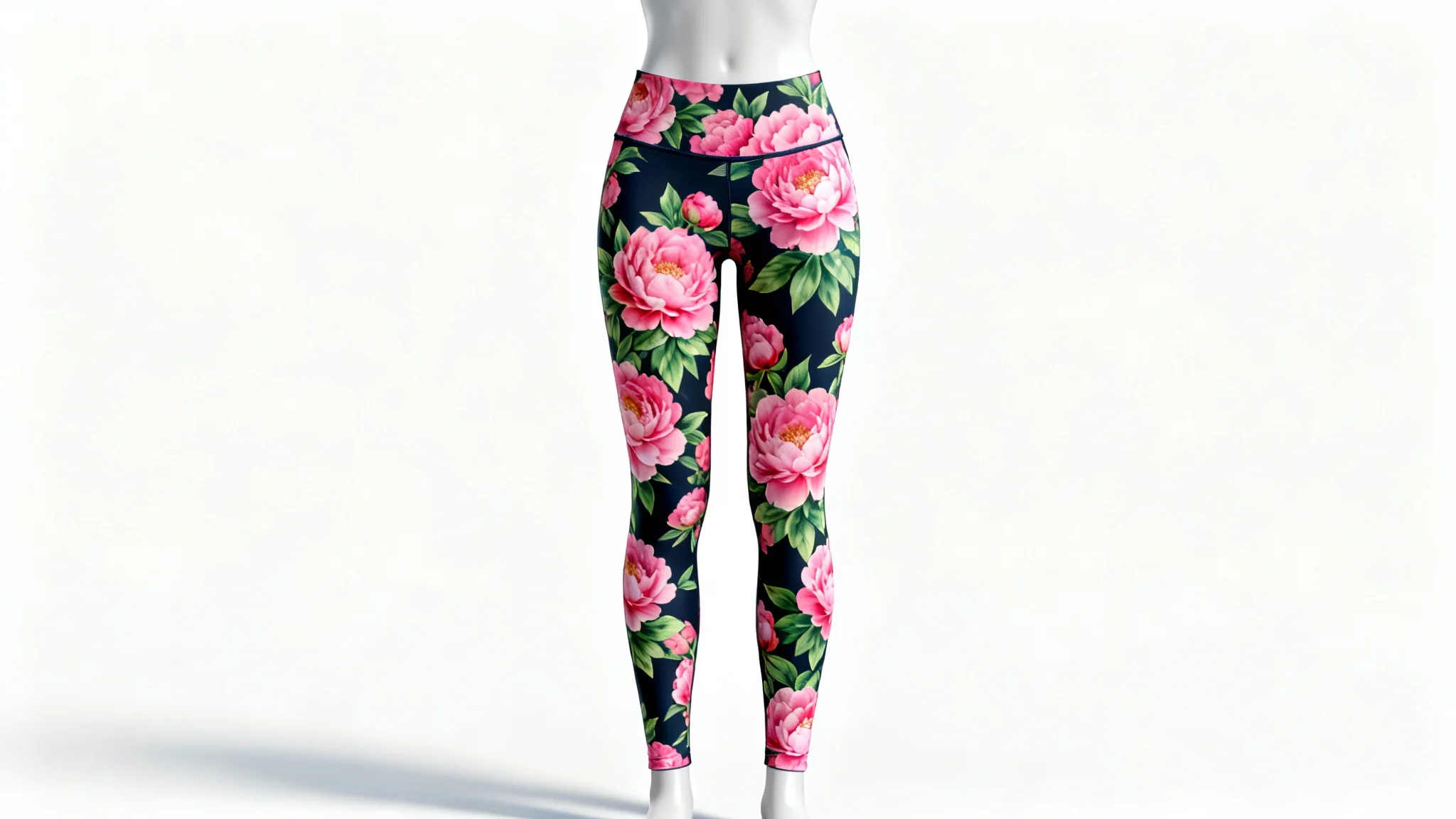 A photorealistic mockup of a pair of women's high-waisted leggings with a vibrant pink peony floral pattern, displayed against a clean white background.