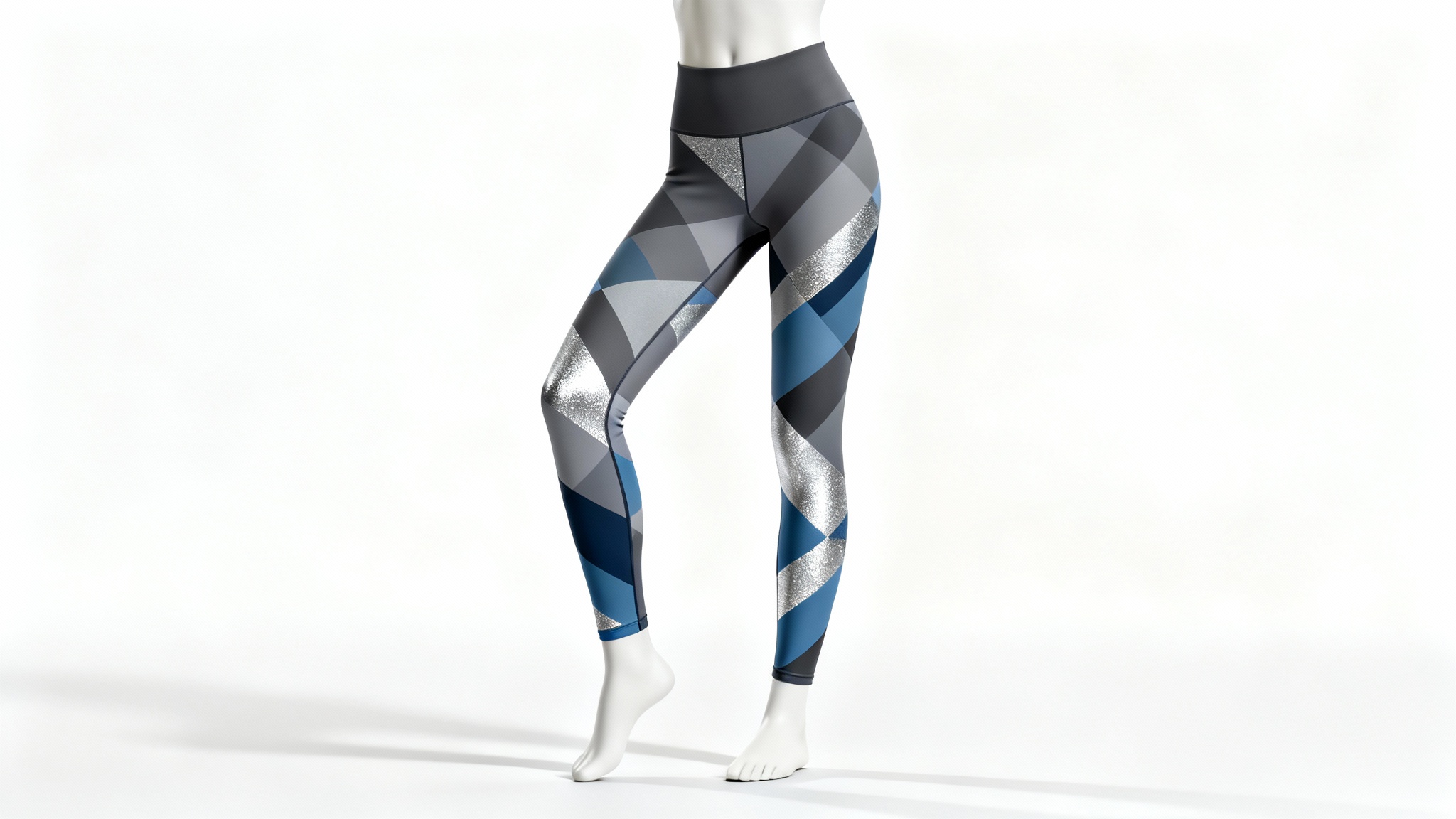 A photorealistic mockup fatores a pair of high-waisted women's leggings with a gray and blue geometric pattern, displayed on a figure against a stark white background.