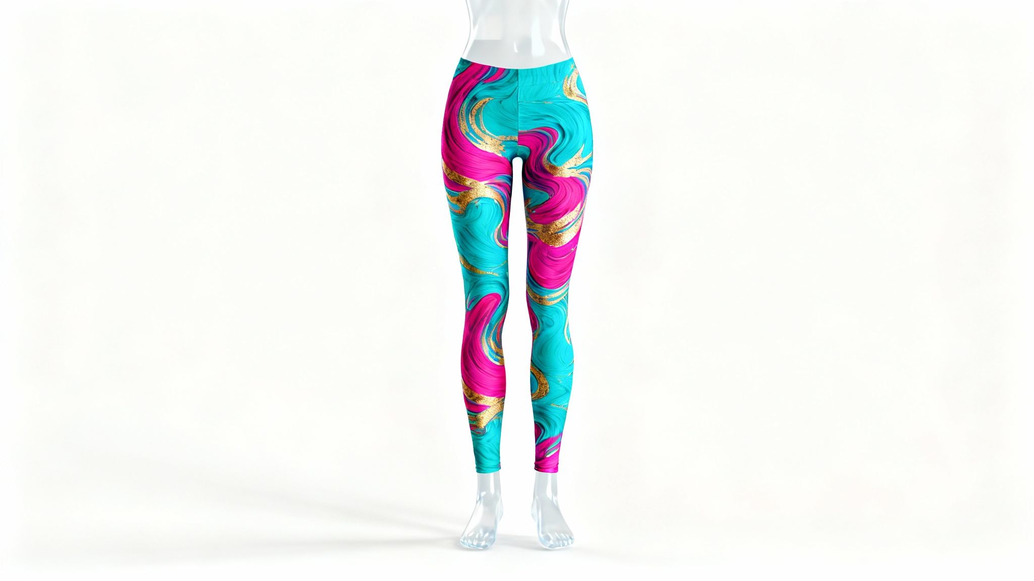 A frontal view of women's leggings with a vibrant turquoise, fuchsia, and gold abstract pattern, presented on an invisible mannequin against a solid white background.