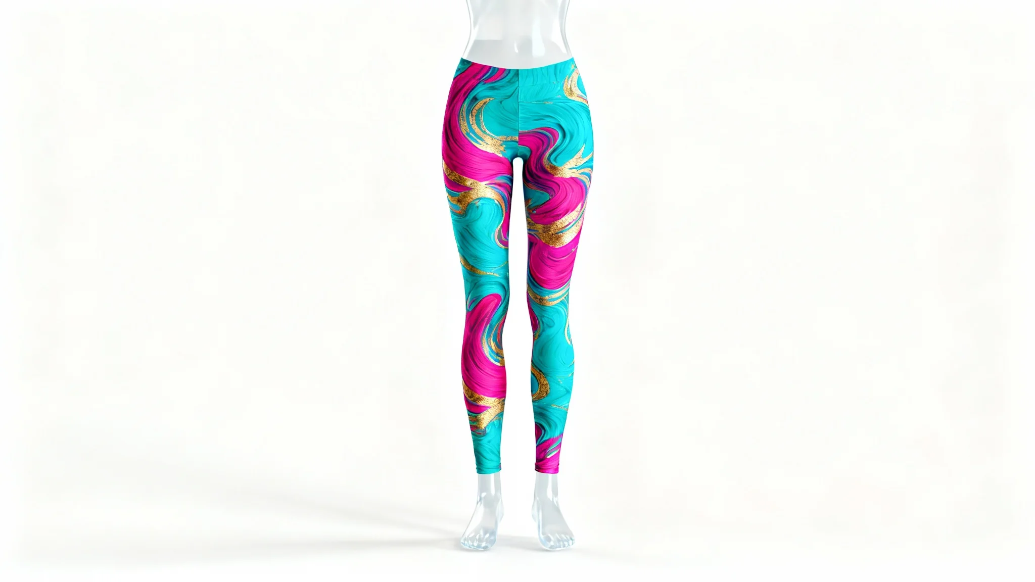 A frontal view of women's leggings with a vibrant turquoise, fuchsia, and gold abstract pattern, presented on an invisible mannequin against a solid white background.