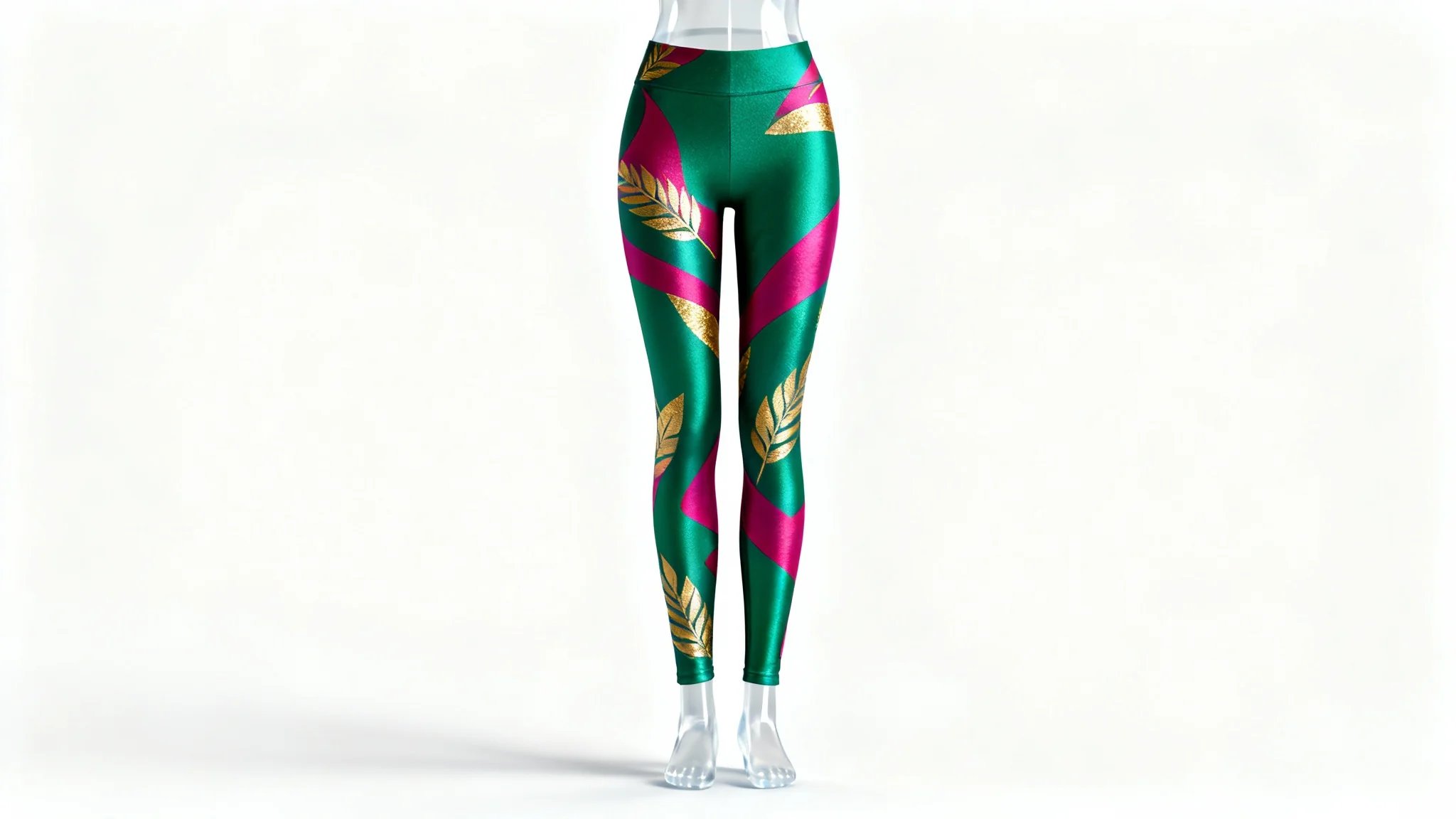 A professional mockup of women's athletic leggings with a vibrant emerald, magenta, and gold abstract pattern, displayed on an invisible mannequin against a plain white background.
