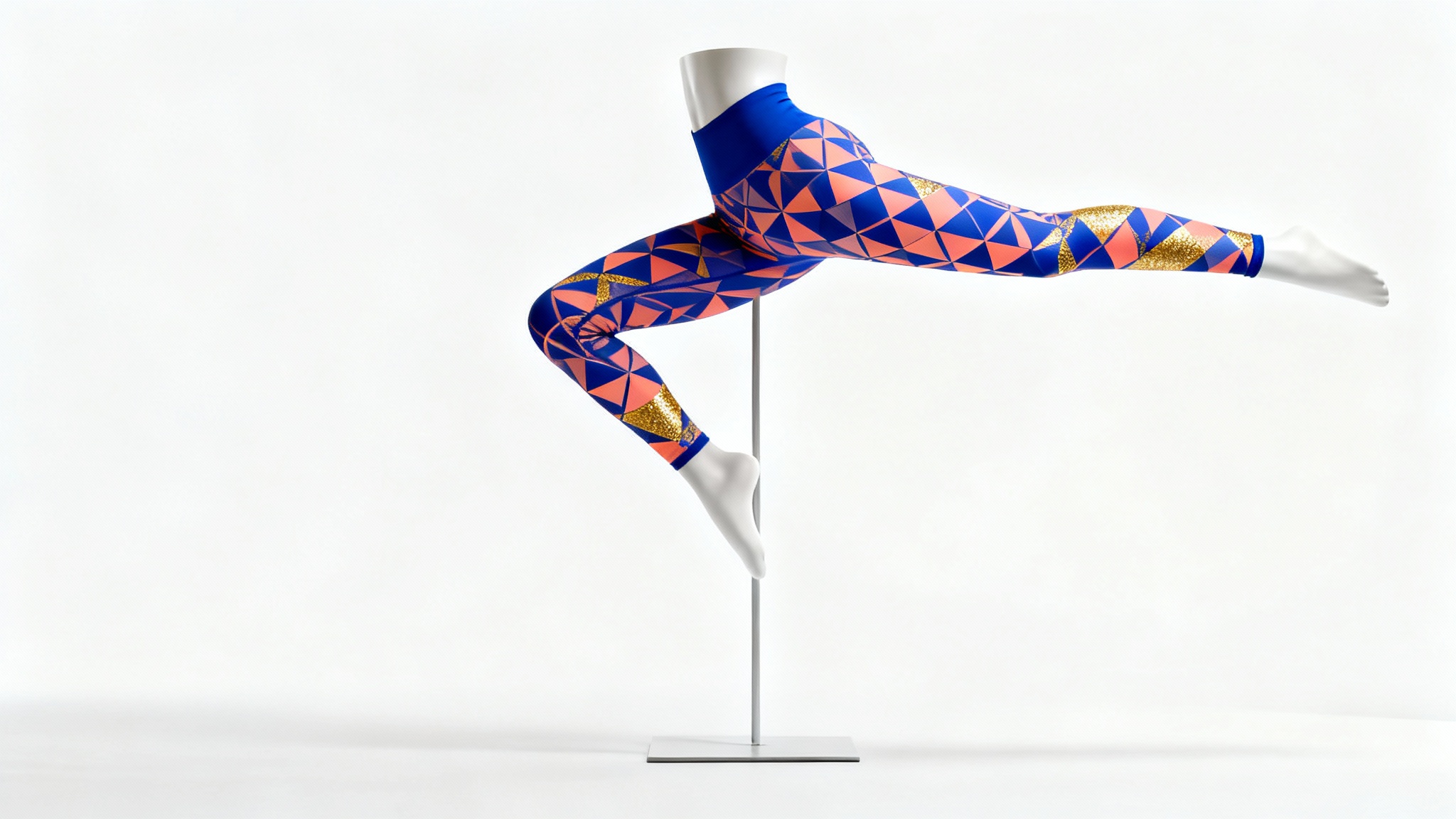 A product mockup of a pair of women's high-waisted leggings with a colorful geometric pattern, displayed on an invisible mannequin in an athletic pose against a white background.