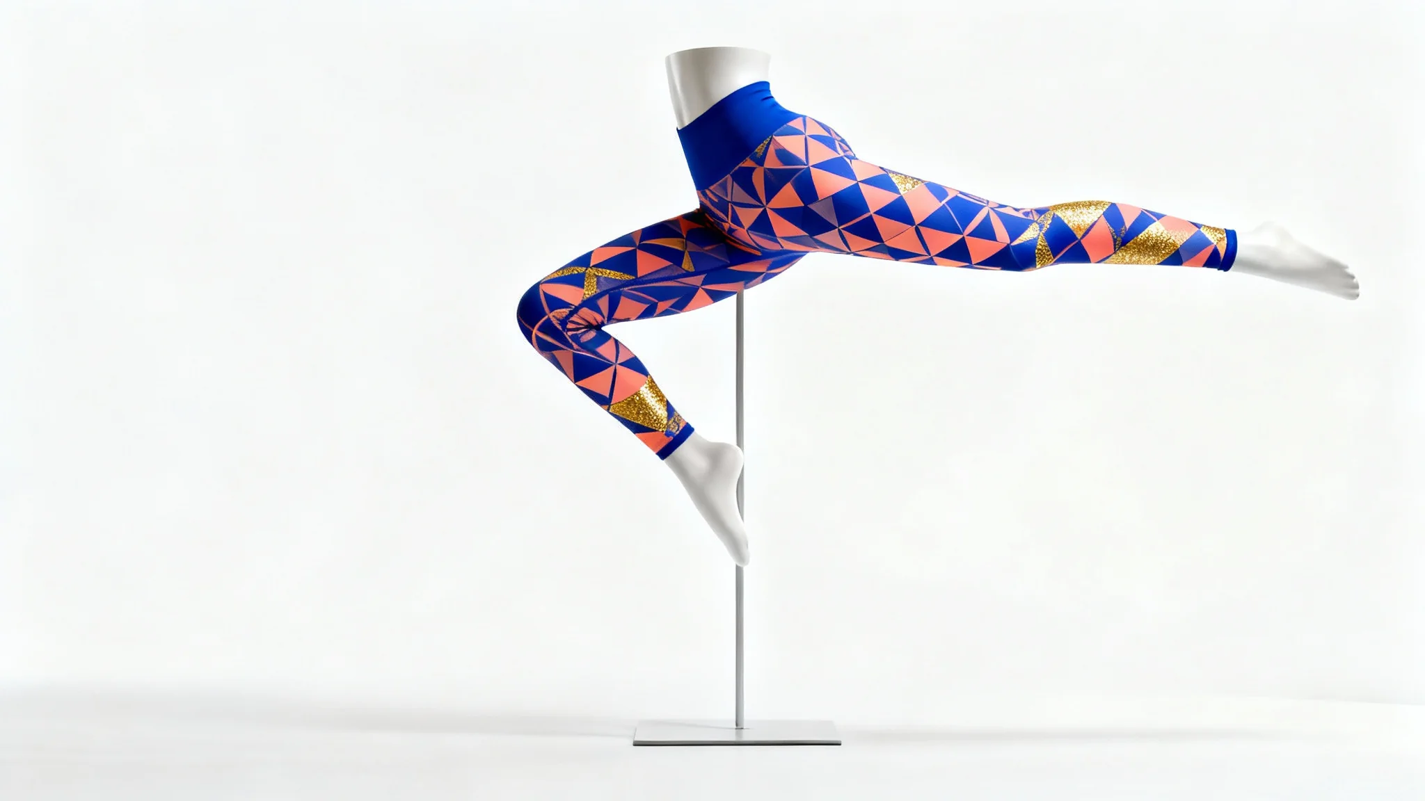 A product mockup of a pair of women's high-waisted leggings with a colorful geometric pattern, displayed on an invisible mannequin in an athletic pose against a white background.