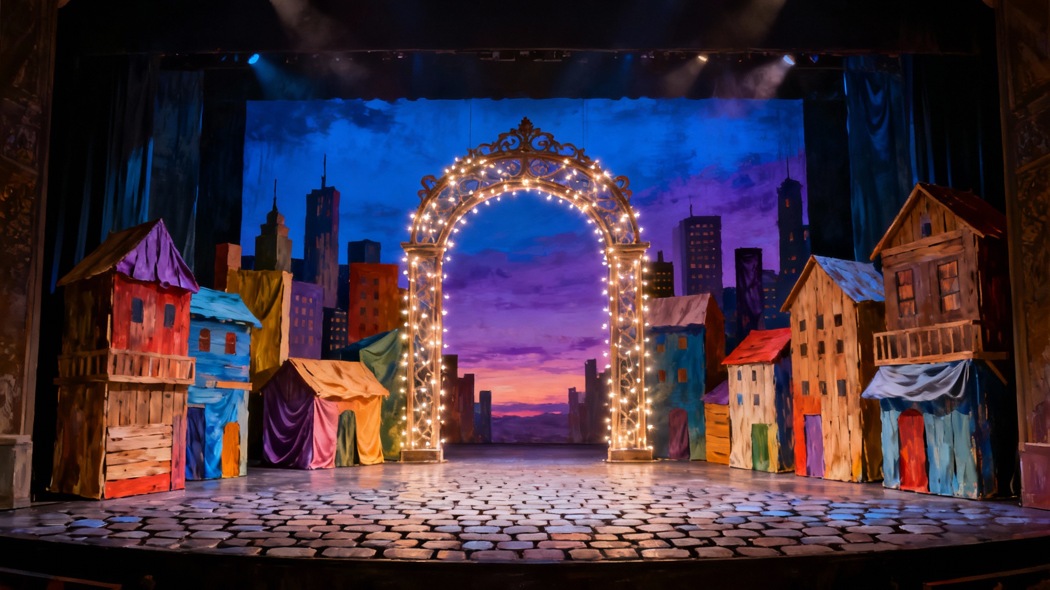 A stunning concept art image of a theatrical set design with a whimsical and dreamlike feel. An ornate archway covered in fairy lights frames a stylized city skyline under a twilight sky, with a cobblestone-painted floor in the foreground.