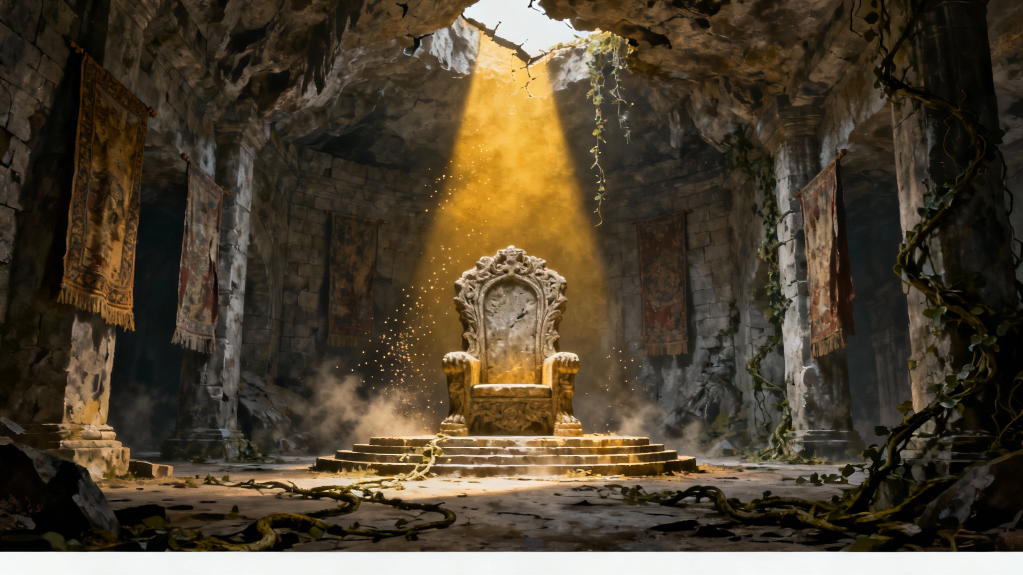 A piece of set design concept art showing a majestic, abandoned throne room illuminated by a single shaft of light, presented on a clean white background.