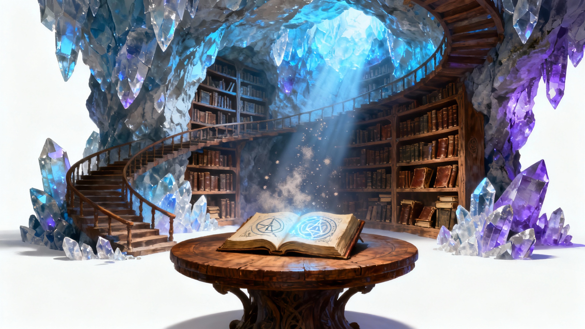 A digital painting of a fantasy set design concept, depicting a magical library inside a glowing crystal cave, shown as a mockup against a white background.