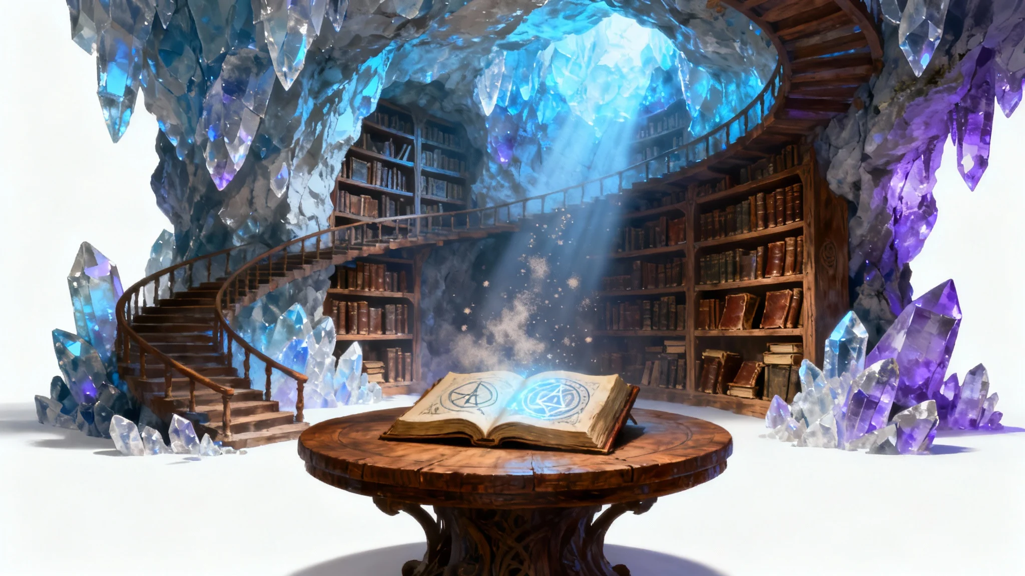 A digital painting of a fantasy set design concept, depicting a magical library inside a glowing crystal cave, shown as a mockup against a white background.
