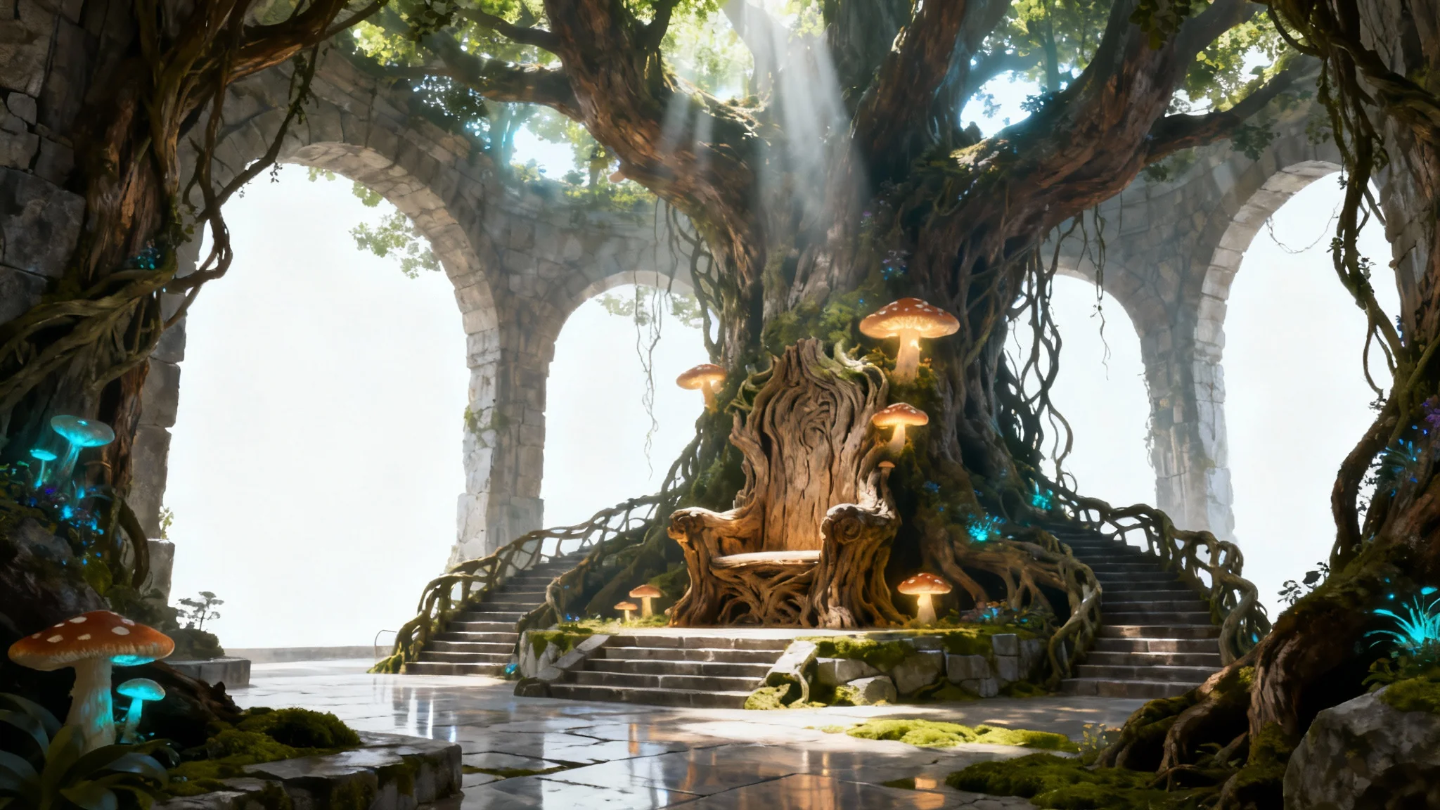 A detailed concept art image for a movie set design, showing a magnificent throne room inside a giant, ancient tree with magical lighting.
