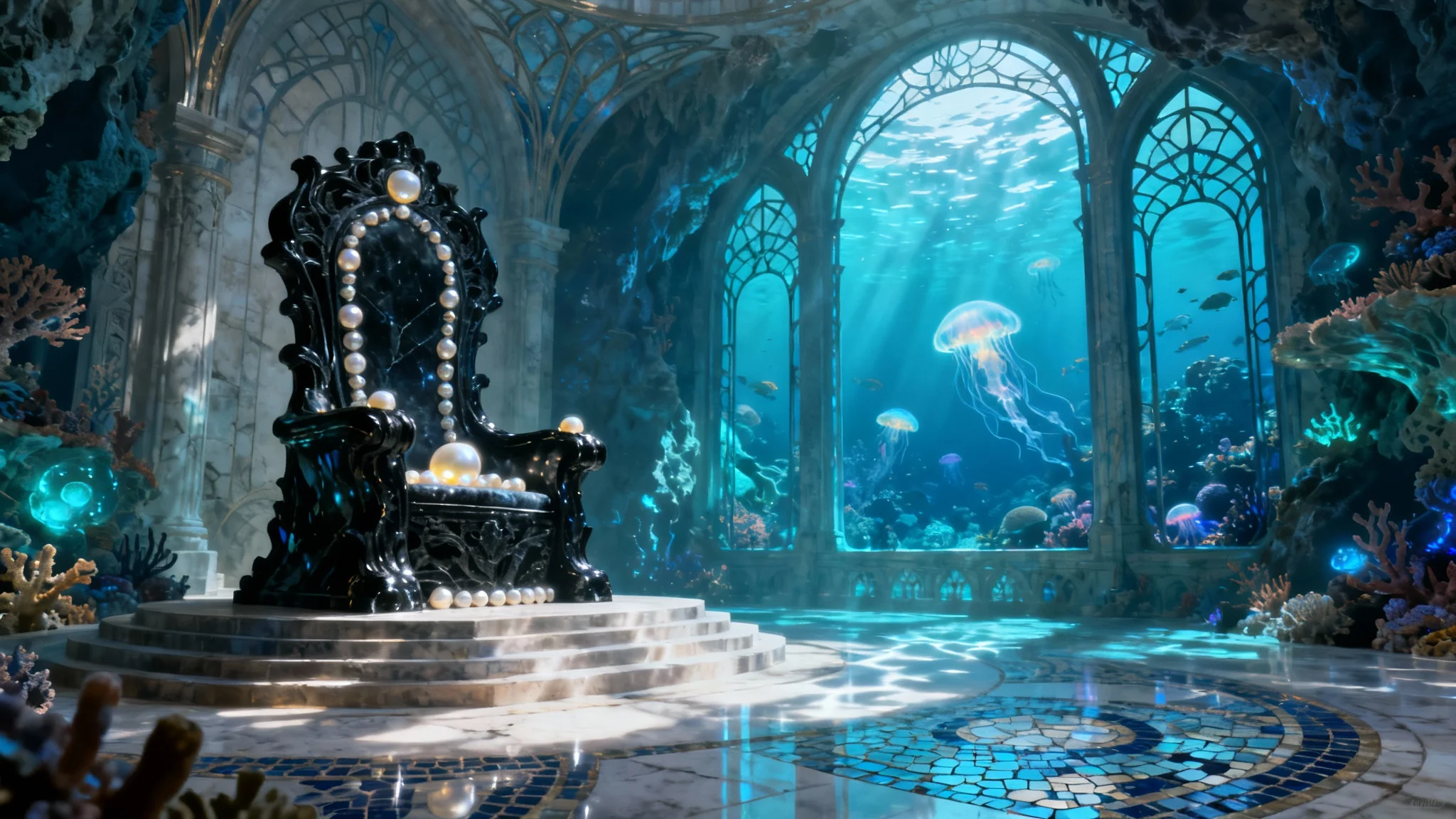 A piece of set design concept art showing a majestic, underwater throne room from an ancient city. The scene is lit by light filtering through the water, with sea creatures visible outside large windows.