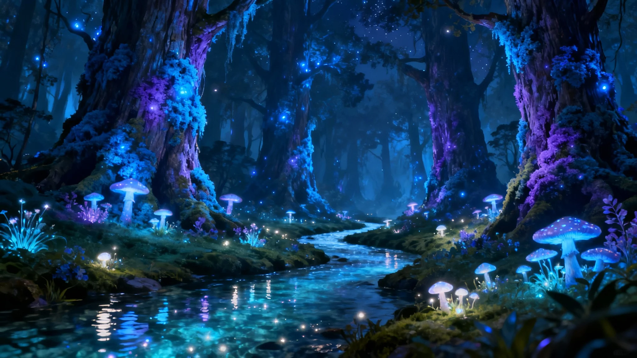 A piece of set design concept art showing a magical, bioluminescent forest at night, with glowing trees, mushrooms, and a reflective stream, presented against a white background.