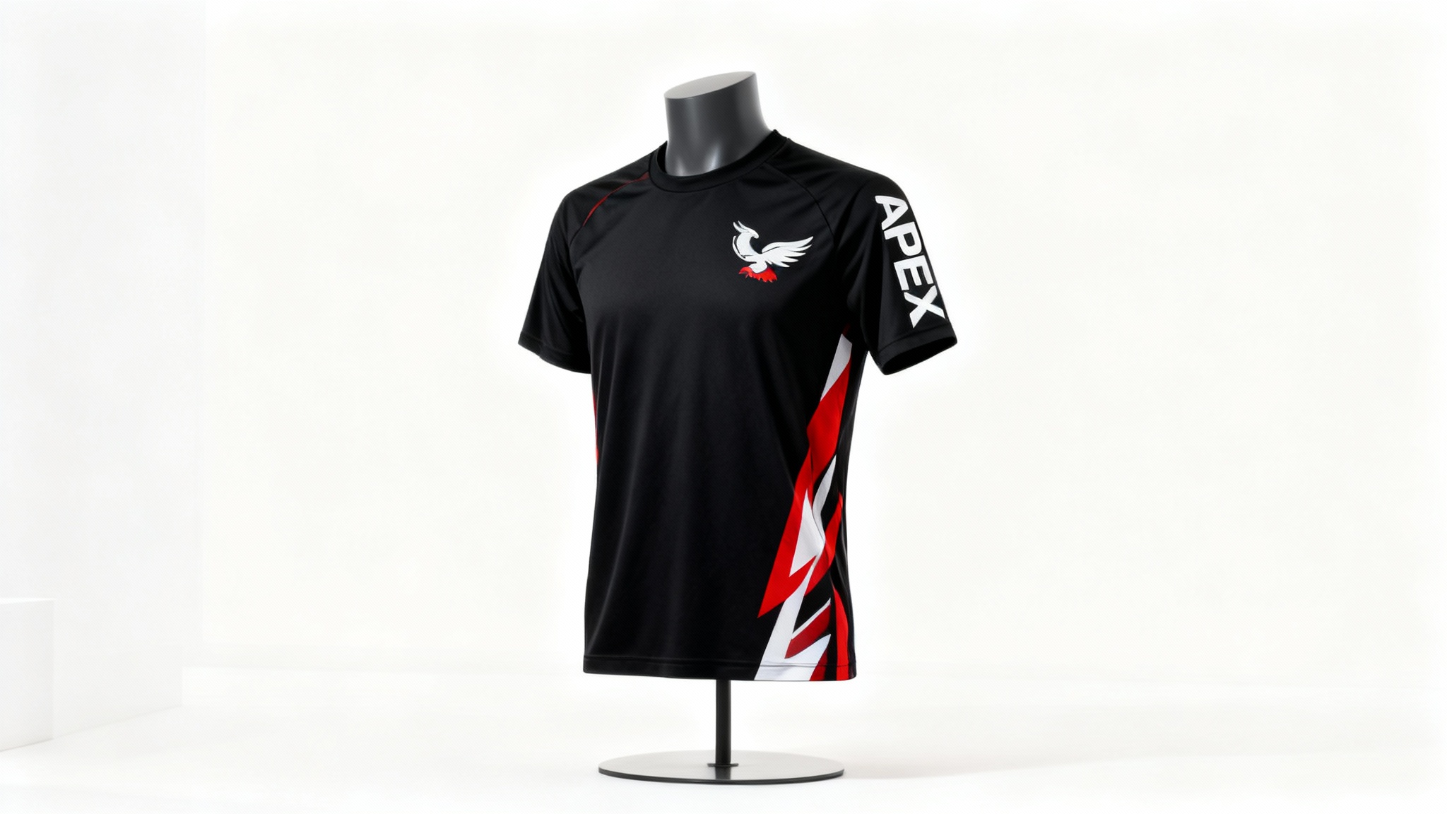 A professional mockup of a black sports jersey with red and white accents, shown from the front on a mannequin. A custom logo of an eagle is on the chest, and the word 'APEX' is on the sleeve, demonstrating a jersey logo placement tool.