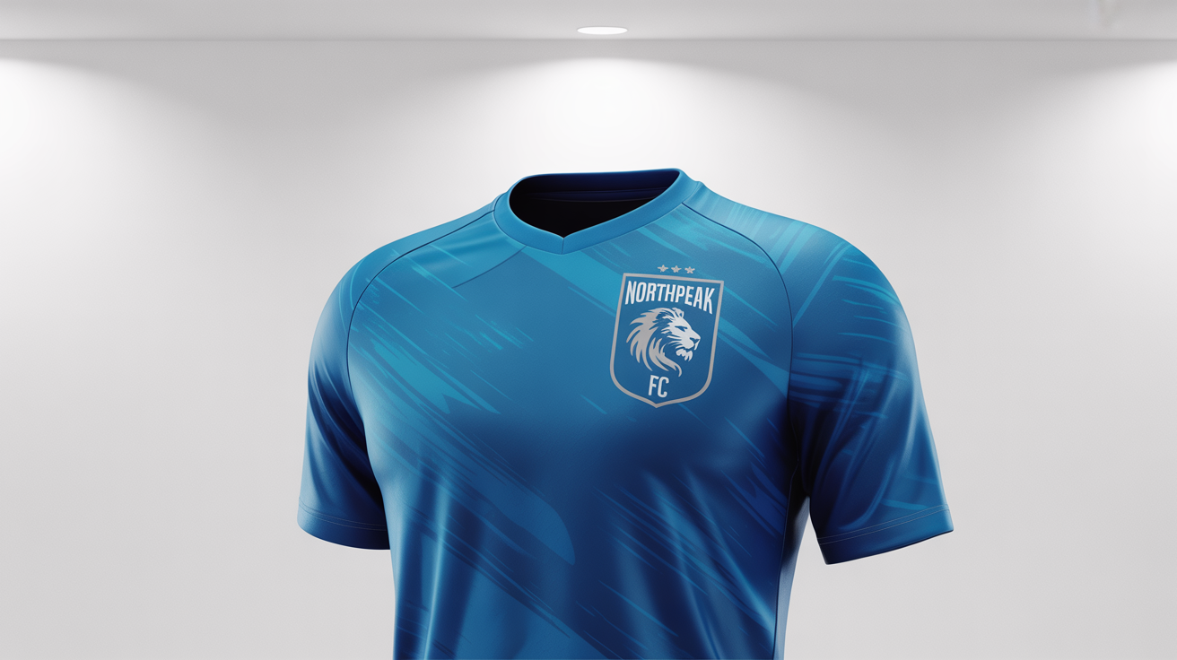A close-up product shot of a royal blue soccer jersey on a white background, highlighting a custom team logo with a lion and the text 'NORTHPEAK FC' on the chest.