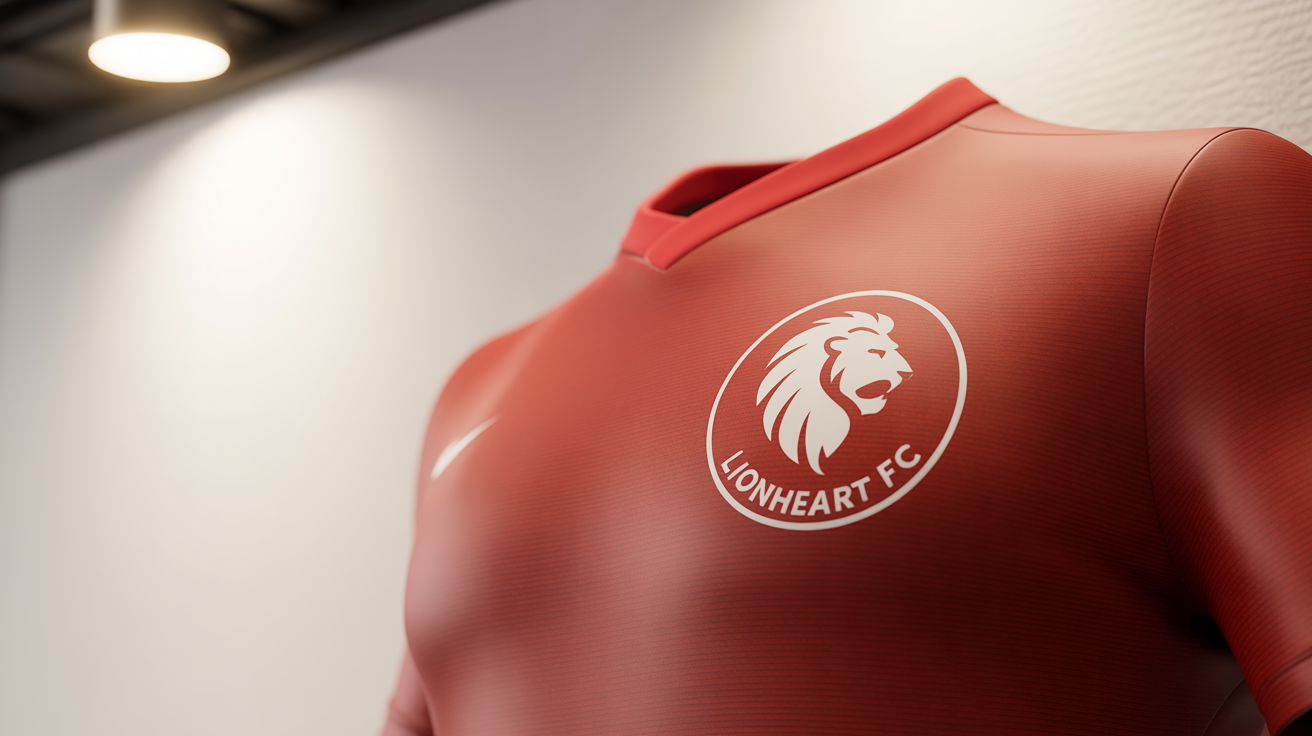 A flat lay product shot of a red sports jersey with a perfectly placed white circular logo of a lion's head and the text 'LIONHEART FC' on the chest, set against a plain white background.