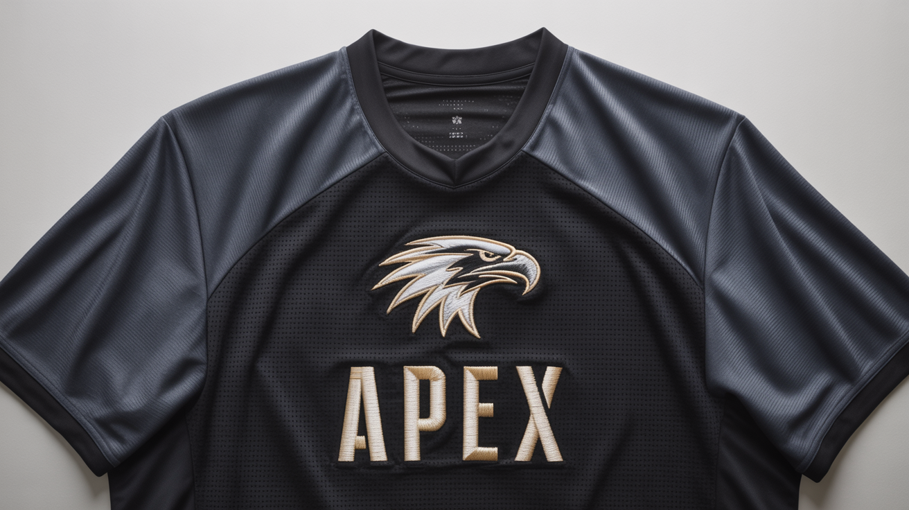 A close-up product mockup of a black basketball jersey featuring a metallic gold and silver embroidered logo of an eagle and the team name 'APEX' on the chest, set against a plain white background.