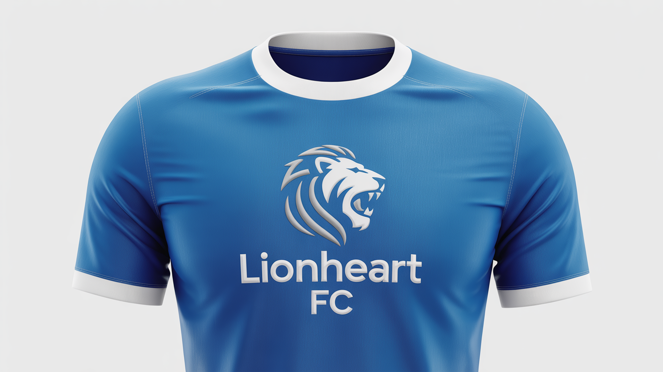 A professional mockup of a royal blue sports jersey laid flat, showing the precise placement of a custom 'Lionheart FC' logo on the chest.