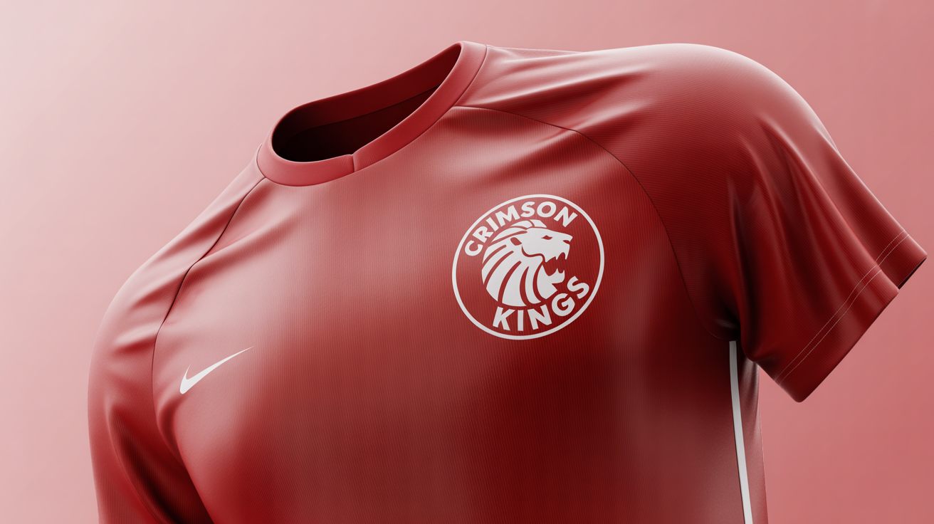 A crimson red soccer jersey laid flat, showcasing a professionally placed white logo of a lion and the text 'CRIMSON KINGS' on the chest.