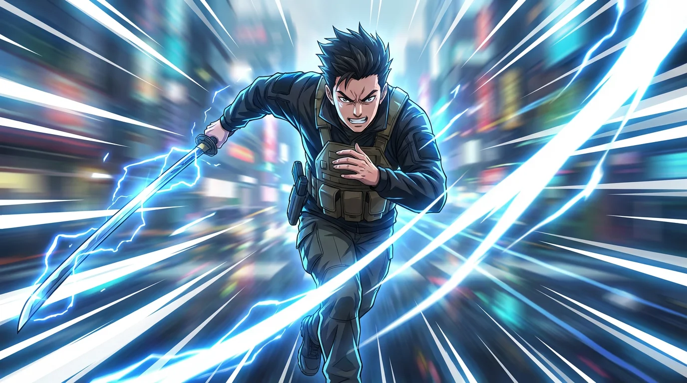 A dynamic digital artwork of an anime swordsman in mid-action, with bold speed lines added to the image to create a dramatic sense of intense velocity and power.