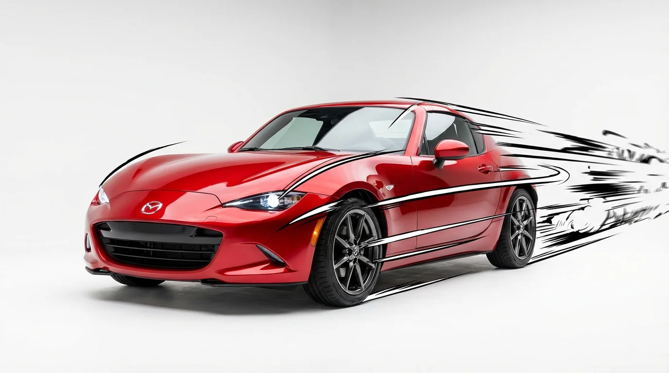 A red sports car on a white background, with graphic speed lines streaking from it to illustrate fast motion and the effect of a speed lines overlay.