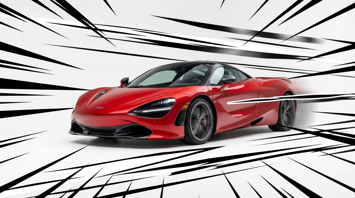 A red sports car on a white background, with black and white comic-style speed lines streaking from it to illustrate high speed.