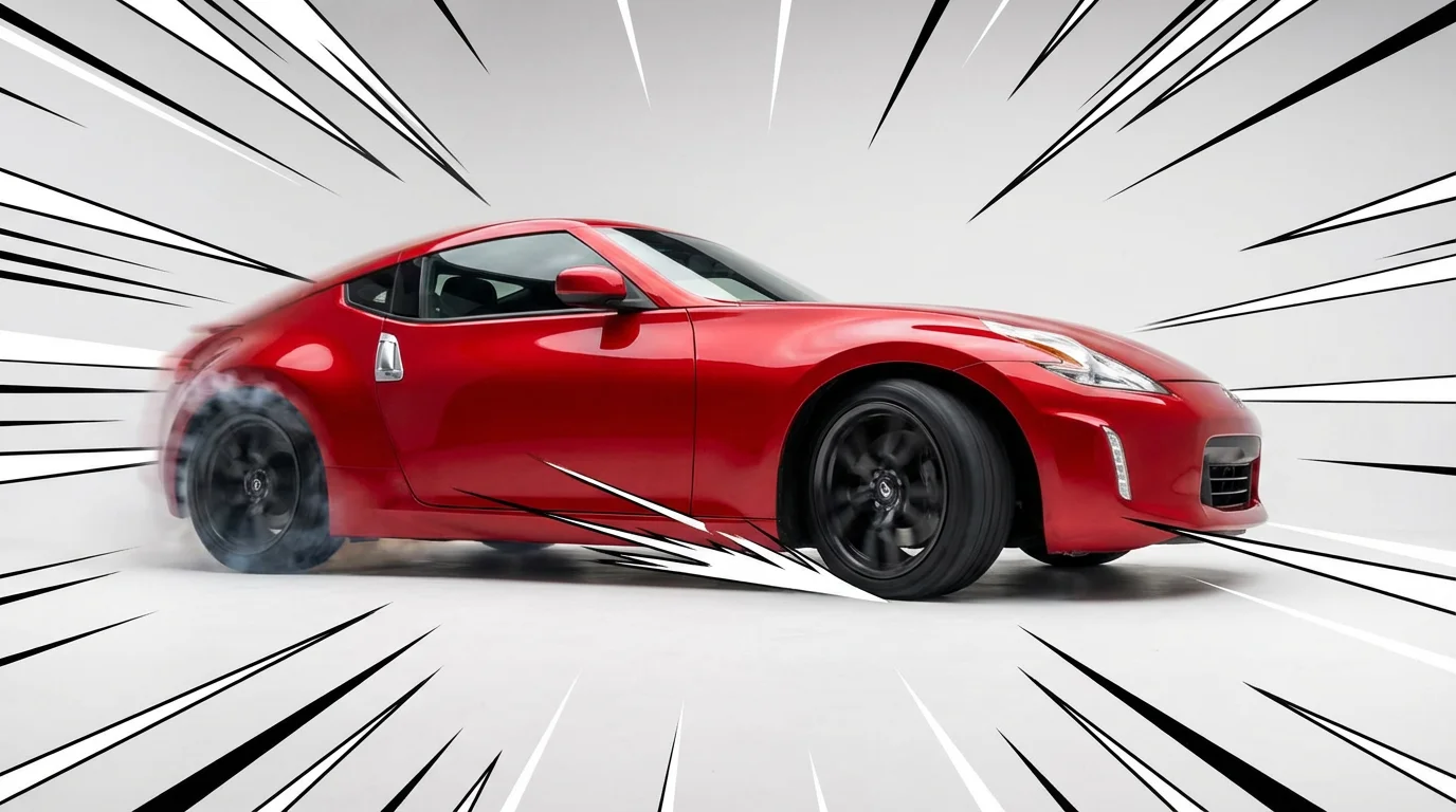 A dynamic shot of a red sports car mid-drift against a white background, with white anime-style speed lines illustrating its rapid motion.