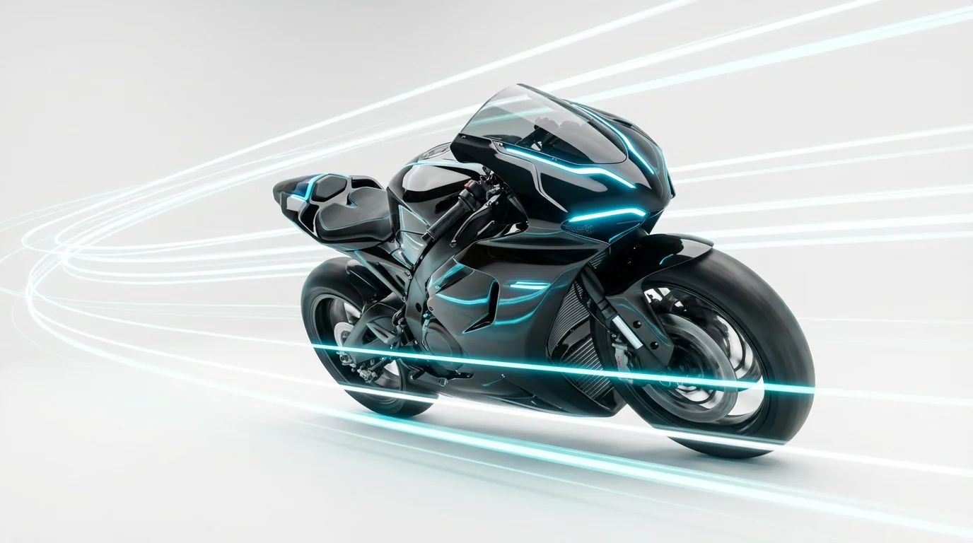 A futuristic black and blue motorcycle shown in motion against a solid white background, with white and cyan speed lines streaking past to demonstrate a speed overlay effect.