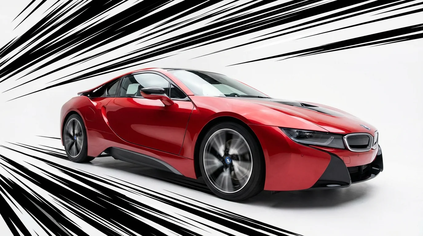 A red sports car speeding forward against a white background, with dramatic black and white speed lines illustrating its motion.