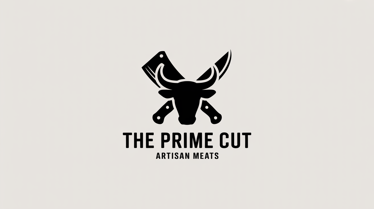 A professional charcoal-colored logo for 'THE PRIME CUT' butcher shop, featuring a crossed cleaver and knife behind a bull's head silhouette, centered on a clean white background.