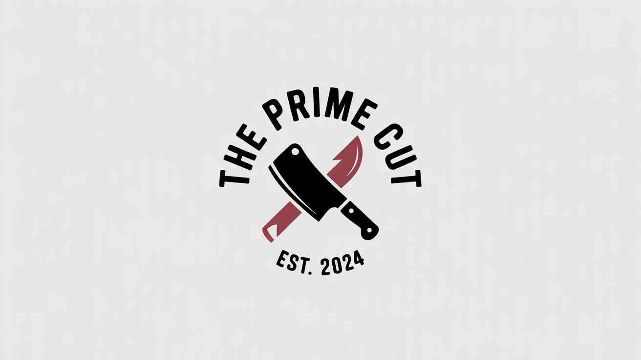A circular logo for a butcher shop named 'THE PRIME CUT', featuring a crossed cleaver and sharpening steel, shown on a white background.