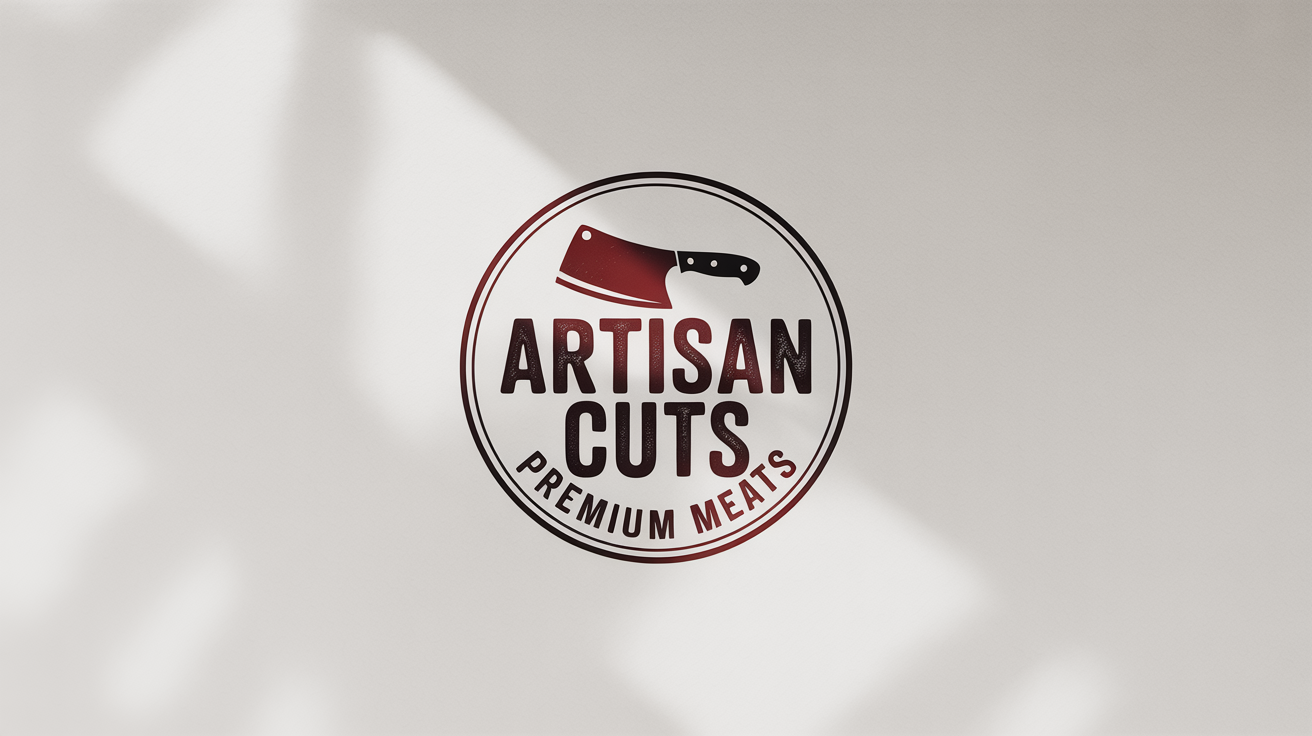 A modern, circular logo for 'Artisan Cuts' butcher shop, featuring a red and black cleaver icon. The text 'Artisan Cuts' and 'Premium Meats' is incorporated into the design, all on a clean white background.