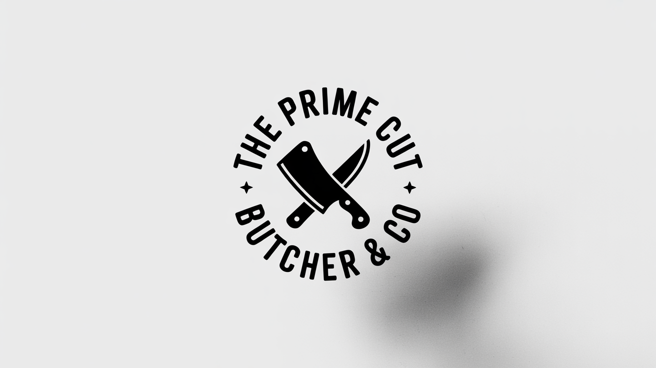 A modern, black circular logo for 'The Prime Cut Butcher & Co.' featuring a crossed cleaver and sharpening steel, presented as a mockup on a white background.
