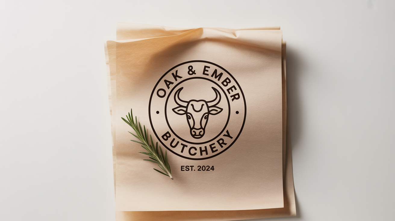 A professional logo mockup for a butcher shop named 'Oak & Ember Butchery', featuring a minimalist bull's head graphic on textured paper against a white background.