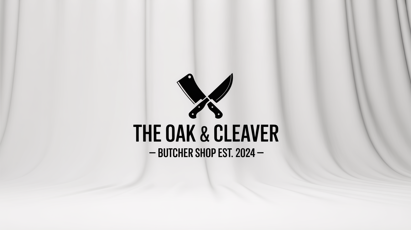 A modern and rustic logo for a butcher shop named 'The Oak & Cleaver', presented on a clean white background. The logo features a crossed cleaver and knife with the text 'Butcher Shop Est. 2024' below.