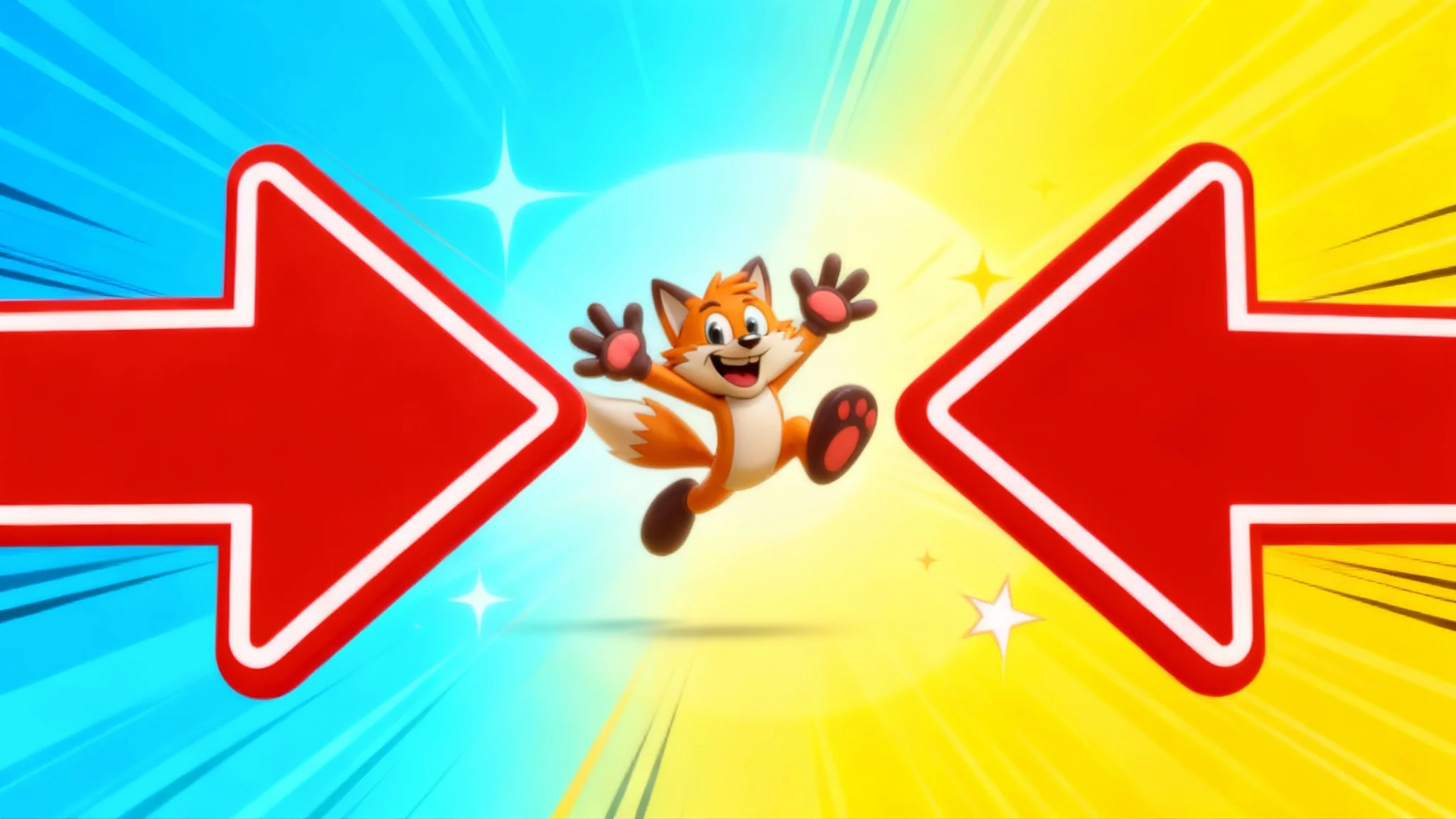 A polished YouTube thumbnail showing the final result of adding arrows. The image has a blue and yellow gradient background with a cartoon character jumping excitedly in the center, and large, stylized red arrows pointing towards the character.