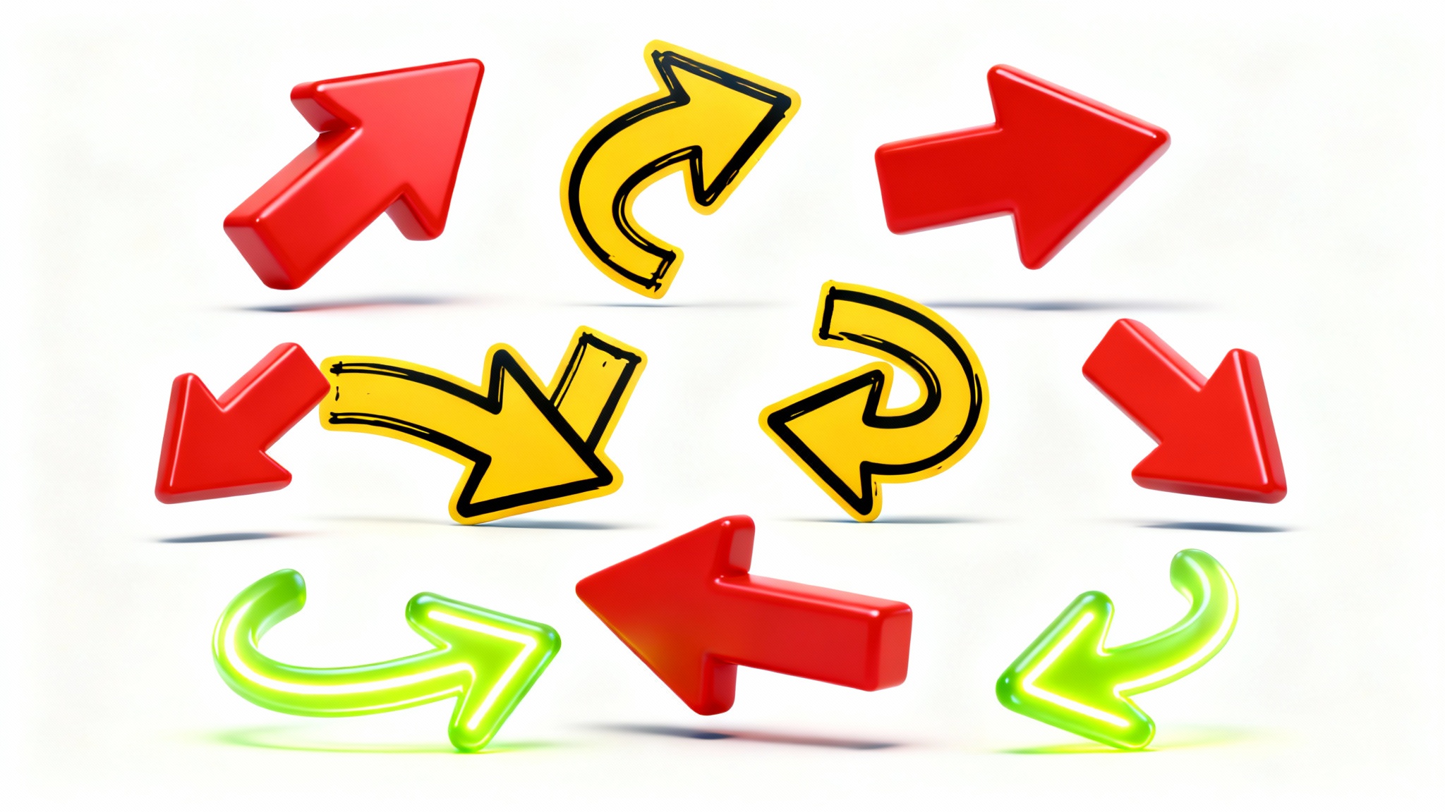 A collection of colorful and varied thumbnail arrows, including bold red, hand-drawn yellow, and neon green styles, displayed on a clean white background.