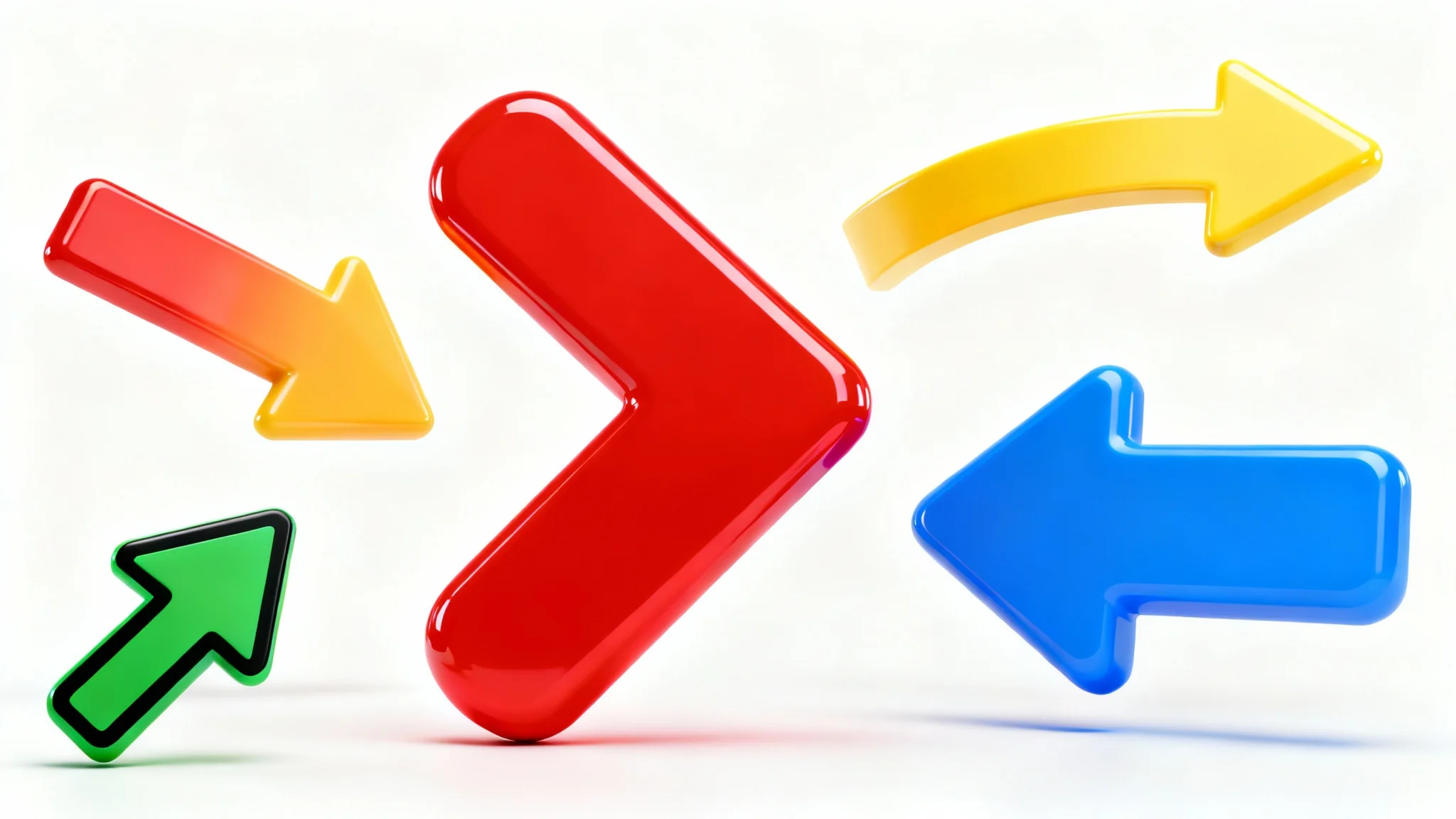 A collection of colorful, 3D-style graphic arrows of various shapes and sizes, commonly used for thumbnails, displayed on a clean white background.