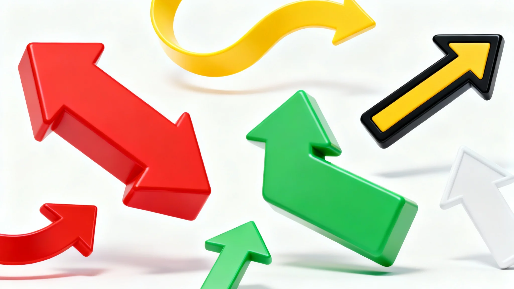 A collection of colorful and bold thumbnail arrows in various shapes and sizes, including red, yellow, and green, arranged neatly on a clean white background.