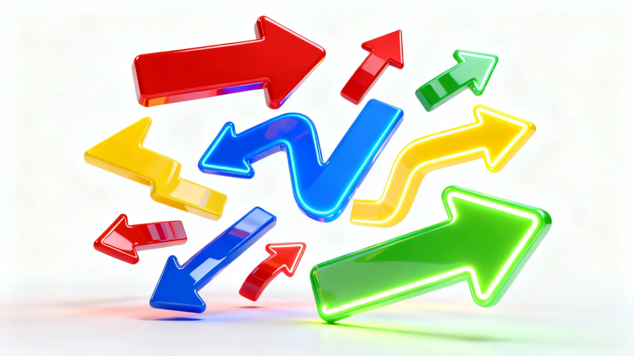 A vibrant collection of diverse 3D thumbnail arrows in red, blue, yellow, and green, scattered dynamically against a clean white background.
