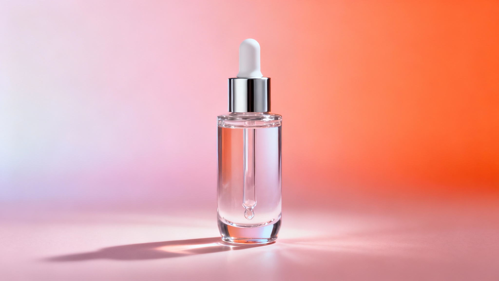 A professional product photograph of a luxury face serum bottle set against a beautiful pink and orange gradient background.