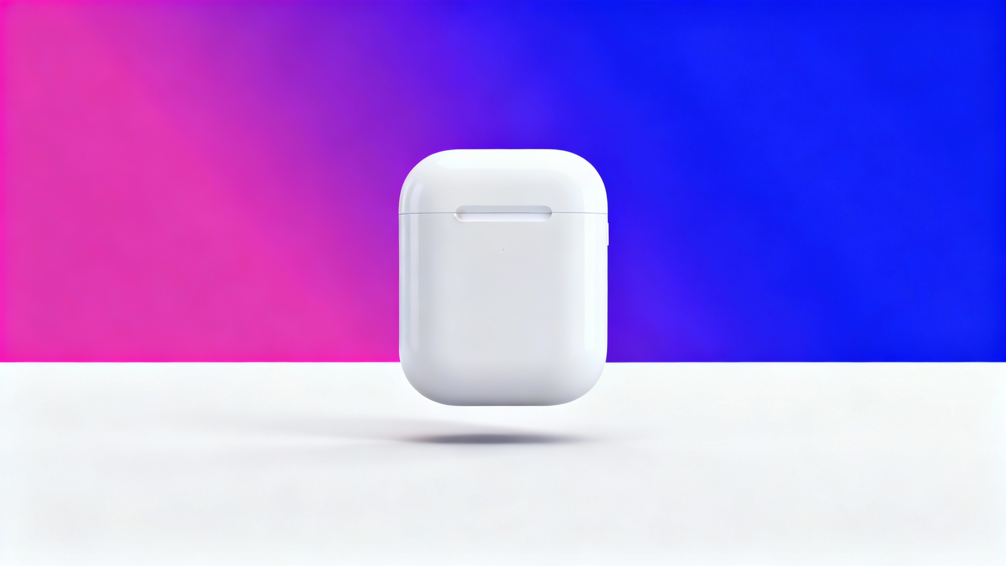 A professional product shot of a white wireless earbud case set against a vibrant magenta and blue gradient background, showcasing a clean and modern aesthetic.