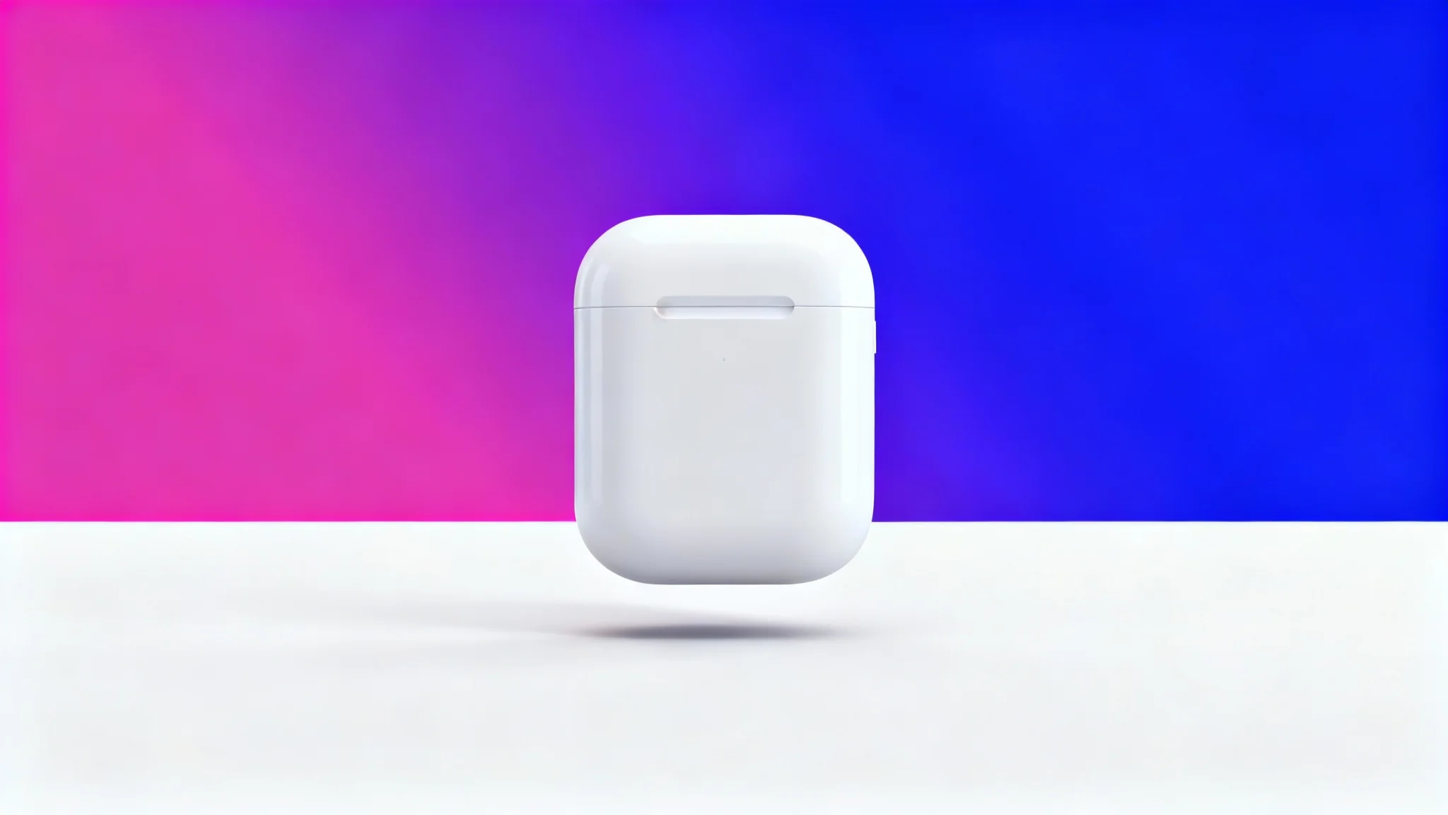 A professional product shot of a white wireless earbud case set against a vibrant magenta and blue gradient background, showcasing a clean and modern aesthetic.