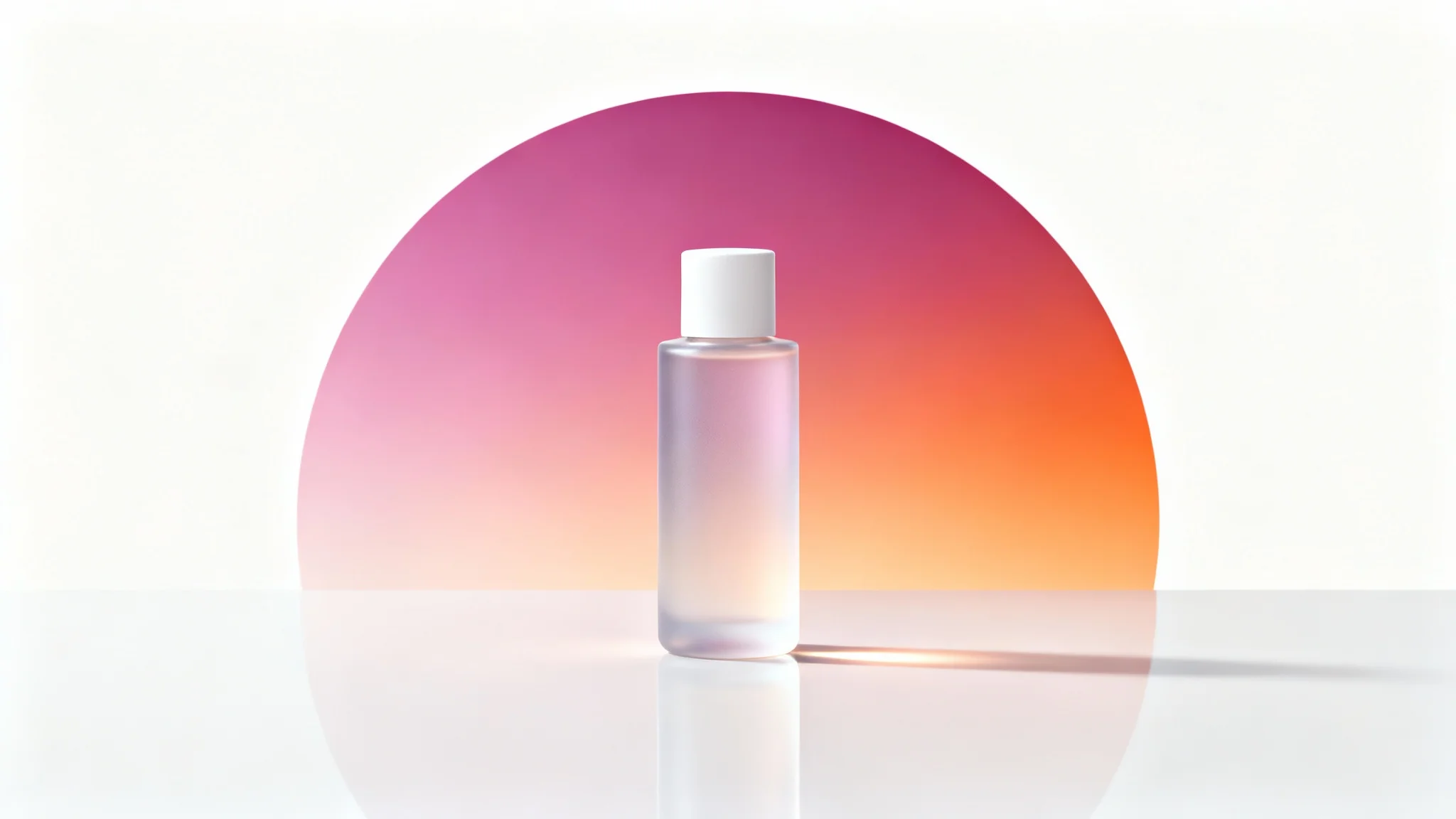 A minimalist frosted glass skincare bottle sitting on a reflective white surface, set against a vibrant magenta and orange gradient background.
